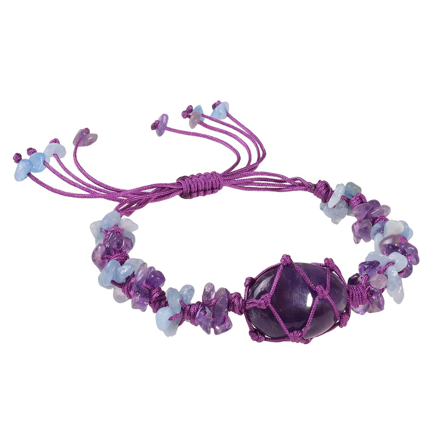TUMBEELLUWA Natural Crystal Chips Bracelet Boho Woven Knotted Braided Crystal Holder Bracelets Trendy Chakra Jewelry Gift for Women Men, Amethyst & Aquamarine