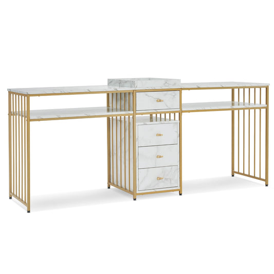 BarberPub Acetone Resistant Nail Table with Metal Frame, Double Manicure Desk for Nail Tech, Manicure Salon Storage Beauty Station 2456