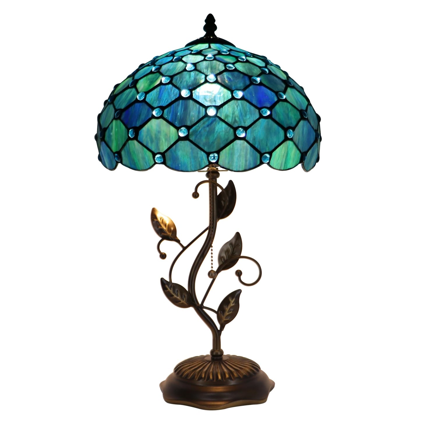 LXHCYOU Tiffany Table Lamp, Stained Glass Desk Light, W12H19 Inch, Metal Leaf Base (Sea Blue Pearl Style)