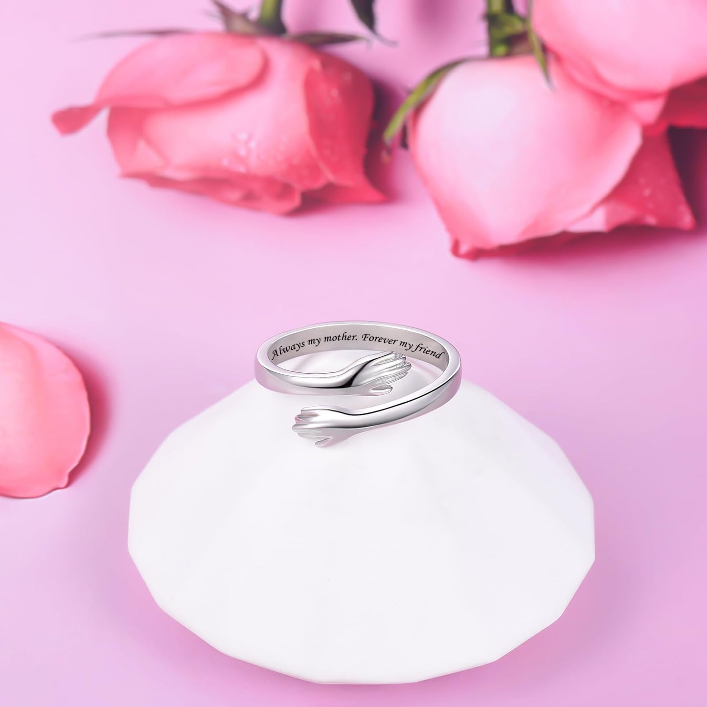 ACJFA Hug Rings for Women Sterling Silver Adjustable Ring Thumb Ring Birthday Mother Gifts Jewelry(Always my mother. Forever my friend)