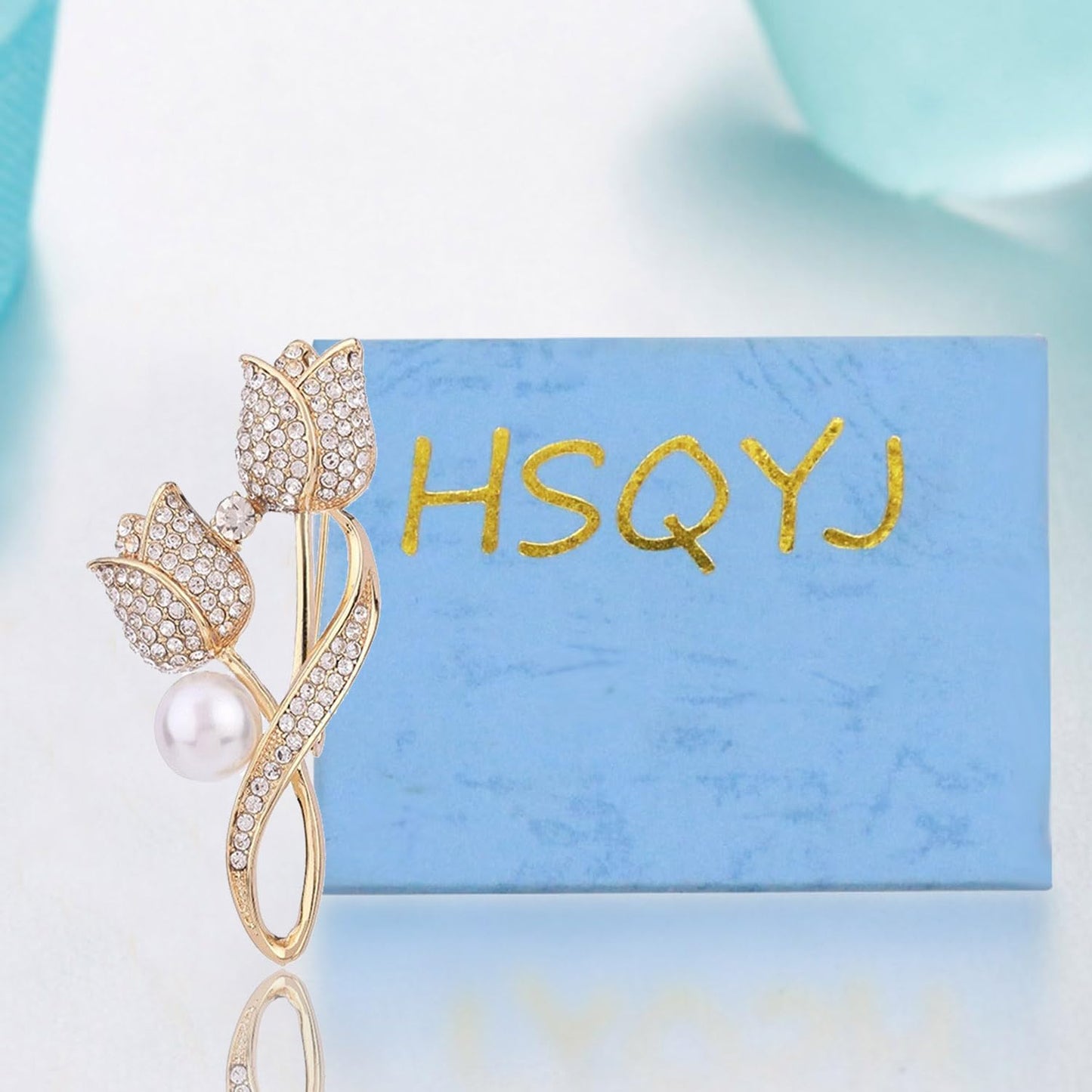 Tulip Flower Crystal Brooches Pins Fashion Beautiful Created Rhinestone Pearl Floral Brooch Good Idea for Party Dance Wedding Banquet for Elegant Women Girl (Gold Tulip)