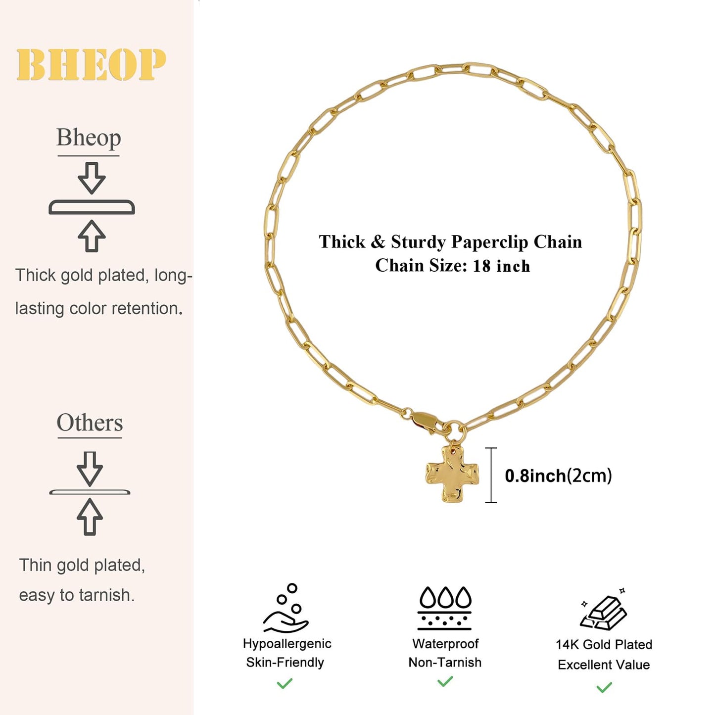 Bheop Chunky Cross Necklace for Women Trendy 14K Real Gold Plated Statement Cross Pendant Charm Necklace Waterproof Big Paperclip Chain Costume Christian Religious Jewelry Gift Non Tarnish