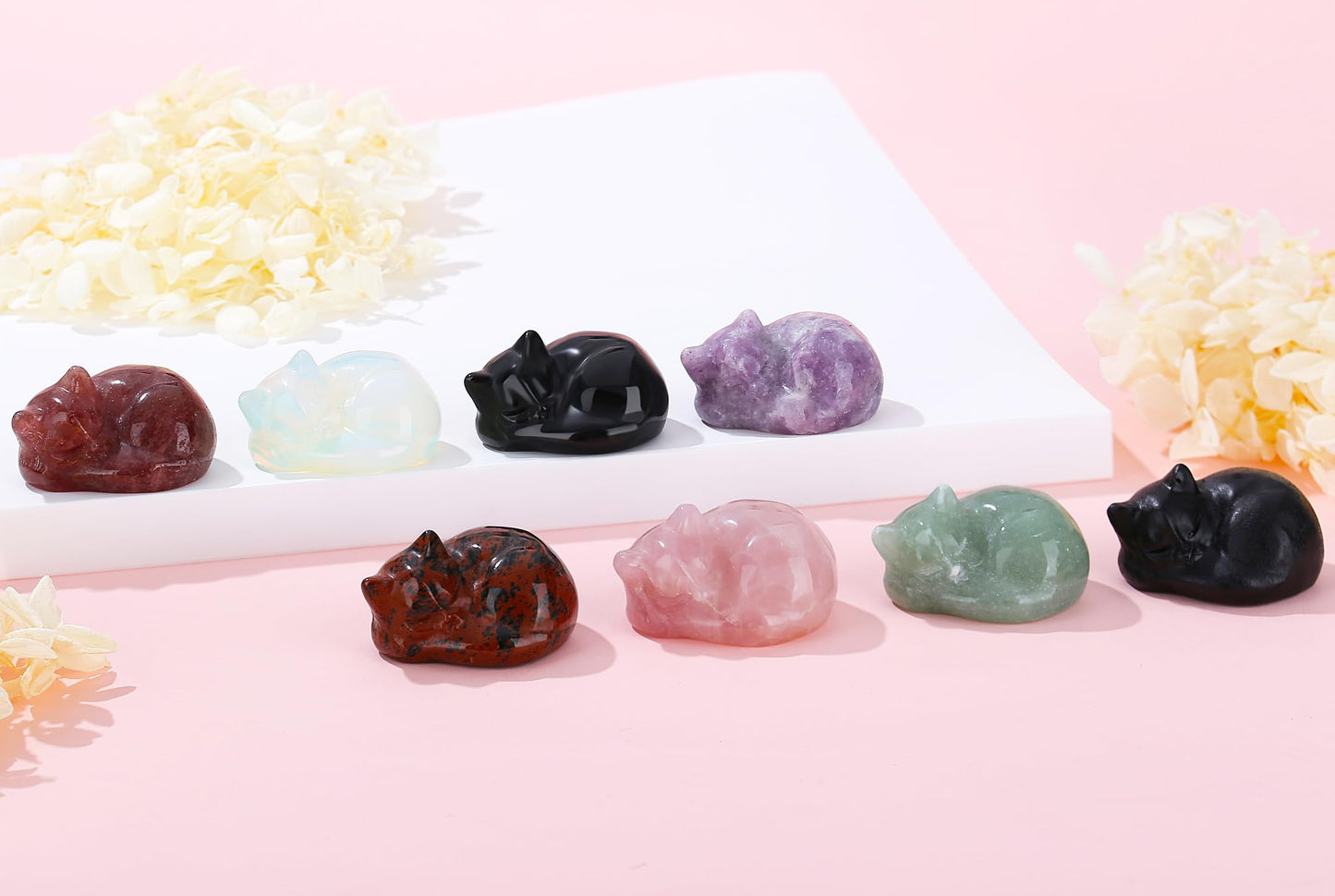 YATOJUZI 2" Cat Decors Statues Green Aventurine Crystals Sleeping Cats Gemstone Hand-Carved Cute Animal Statue Figurine Home Office Desk Decor Lucky Energy Reiki Kitten Ornaments Gifts for Women Men