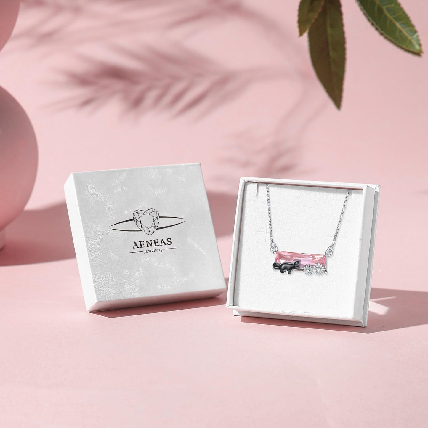 AENEAS Black Cat Necklace Sterling Silver Cute Animal Pendant Pink Crystal Birthday Jewelry Pet Daisy Gifts for Women Wife Her