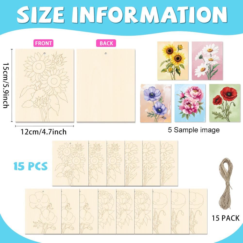 GLASSWINDS 15 Pcs Unfinished Wood Crafts to Paint for Adults, 5.9x4.7 Inch Flowers Paintable Wood Slices Craft Supplies with Ropes, Bulk Predrilled Wooden Ornaments for DIY Painting Craft Decor
