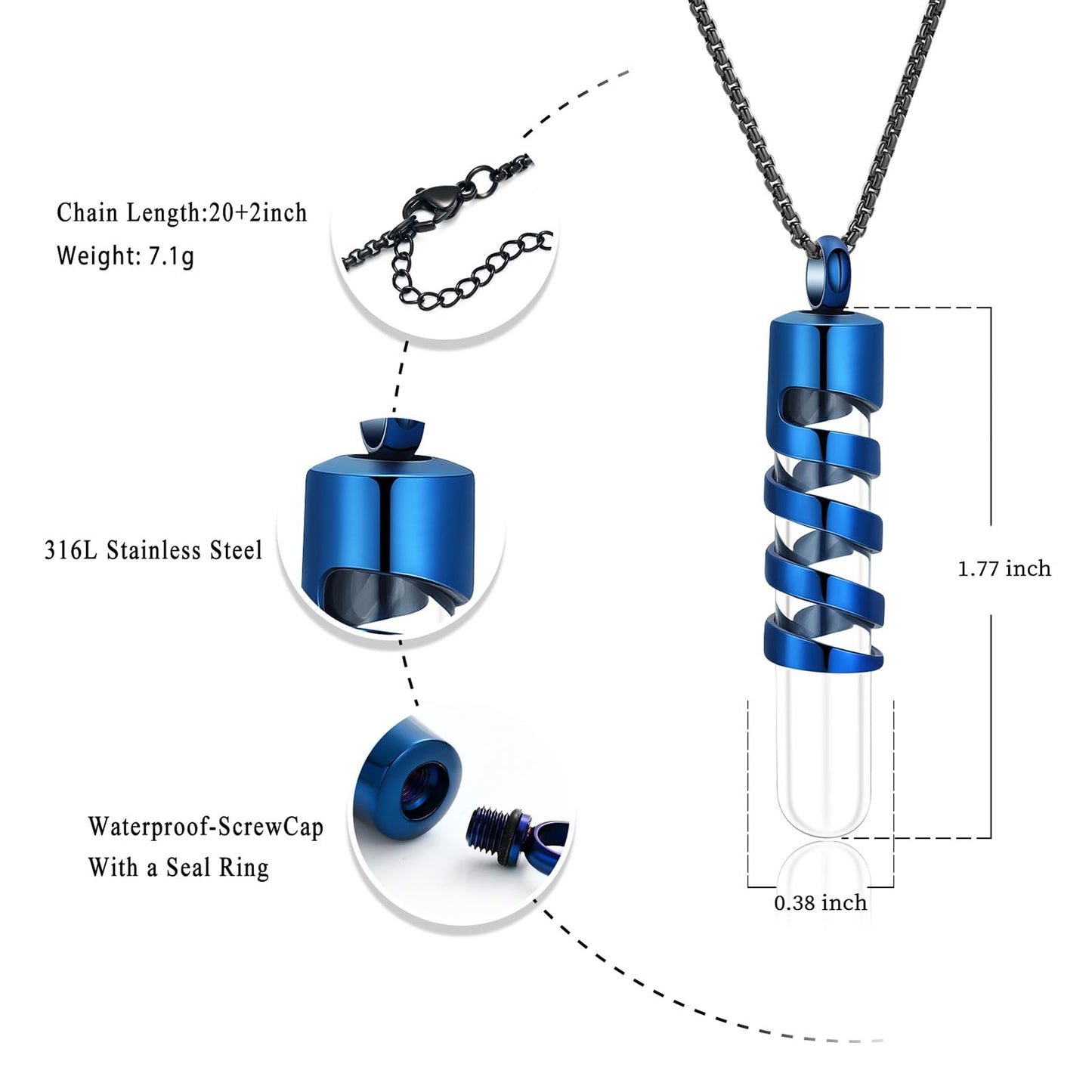 Oinsi Clear Glass Tube Cremation Urn Jewelry Ashes Holder Necklace Keepsake Memorial Pendant Including Box/Fill Kits (Blue (Angel wing))