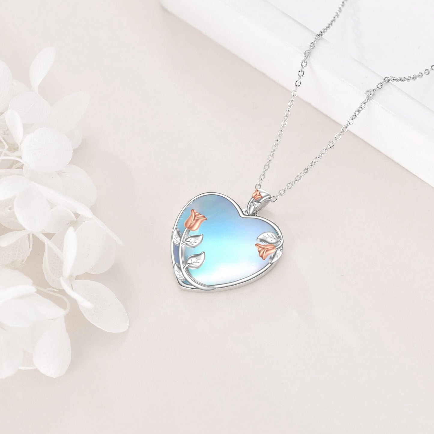 YAFEINI 925 Sterling Silver Heart Moonstone Necklace Rose Flower Filigree Pendant Necklace Jewelry Gift for Women (UU-Rose Flower Moonstone)