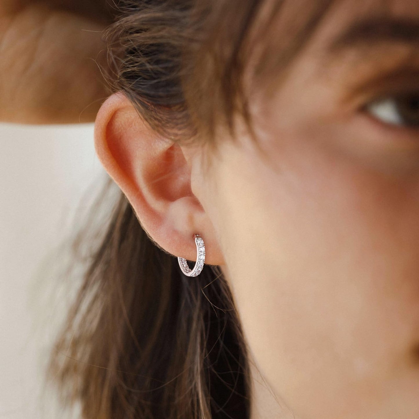 AGRULE 15mm Small Hoop Earrings with Cubic Zirconia Sterling Silver White Gold Plated Hypoallergenic Clip Top Hoops Created Diamond Hoop Earrings for Women