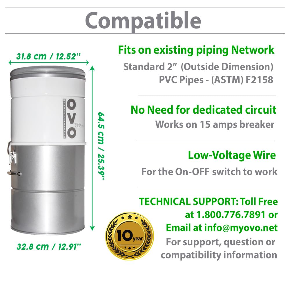 OVO Large and Powerful Central Vacuum System, 700 Airwatts Hybrid Filtration (with or Without Disposable Bags), Covers up to 7500 sq.ft, 6.6 Gal / 25L Bottom Load Rolled Steel Canister