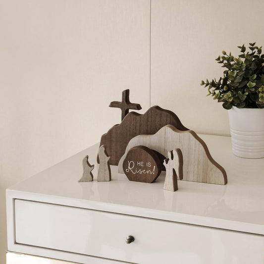 【He is Risen】Empty Tomb Scene Spring Easter Decorations, Jesus Nativity Resurrection Figurines Set With Wooden Cross For Home, Office, Table, Shelf, Mantle Decor – Christian Catholic Religious Gifts