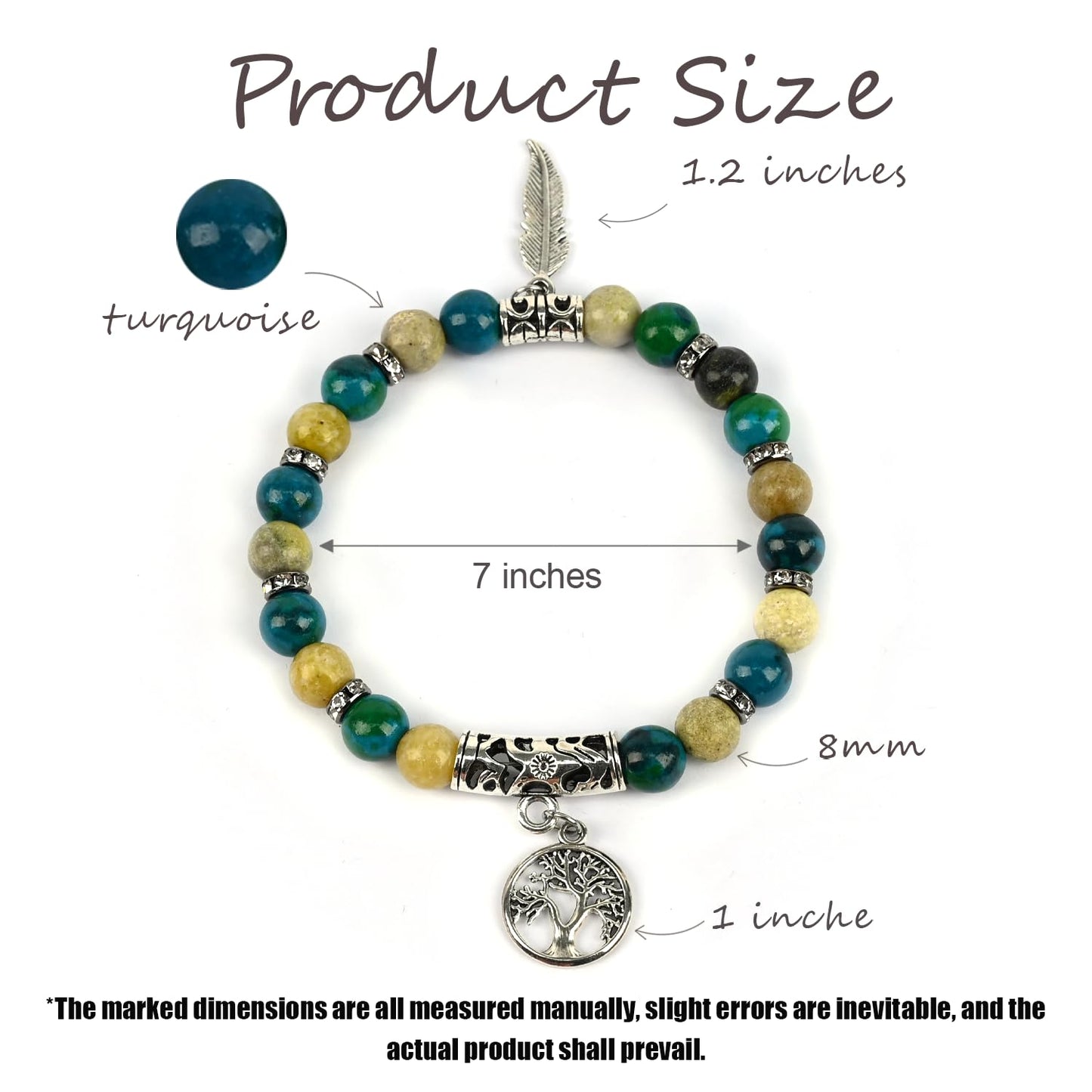 PZTIIY Handmade Tree of Life and Wings of Liberty Turquoise Jasper & Tibetan Agate Gemstone Chakra Beaded Bracelet | Boho Style Charm Bracelet Set (ZLY-Turopise)