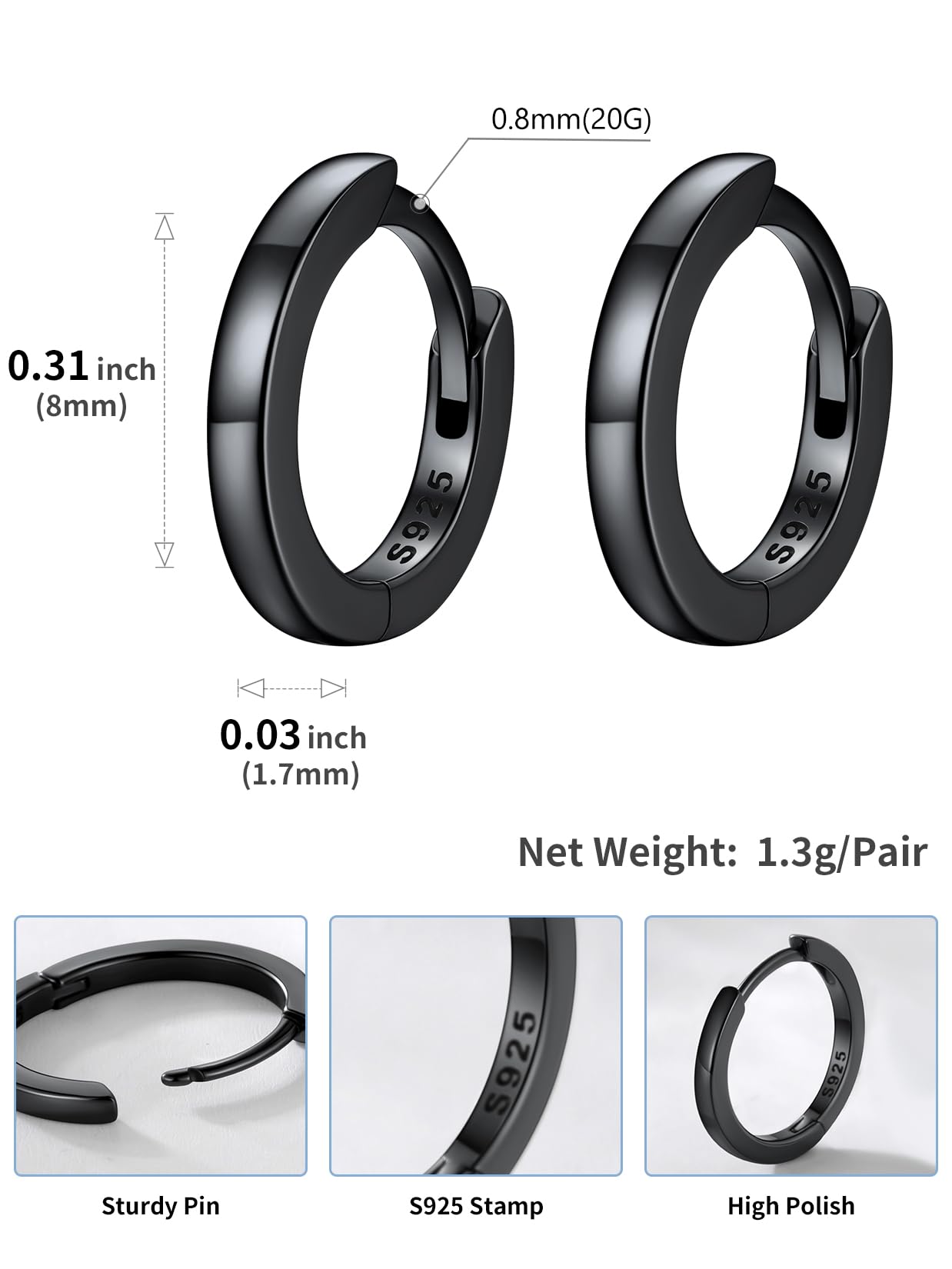 SILVERCUTE 925 Sterling Silver Huggie Hoop Earrings for Women,Hypoallergenic Black Small Hoop Earring Cartilage Earring Lightweight Huggies Earrings for Women,8/10/12mm