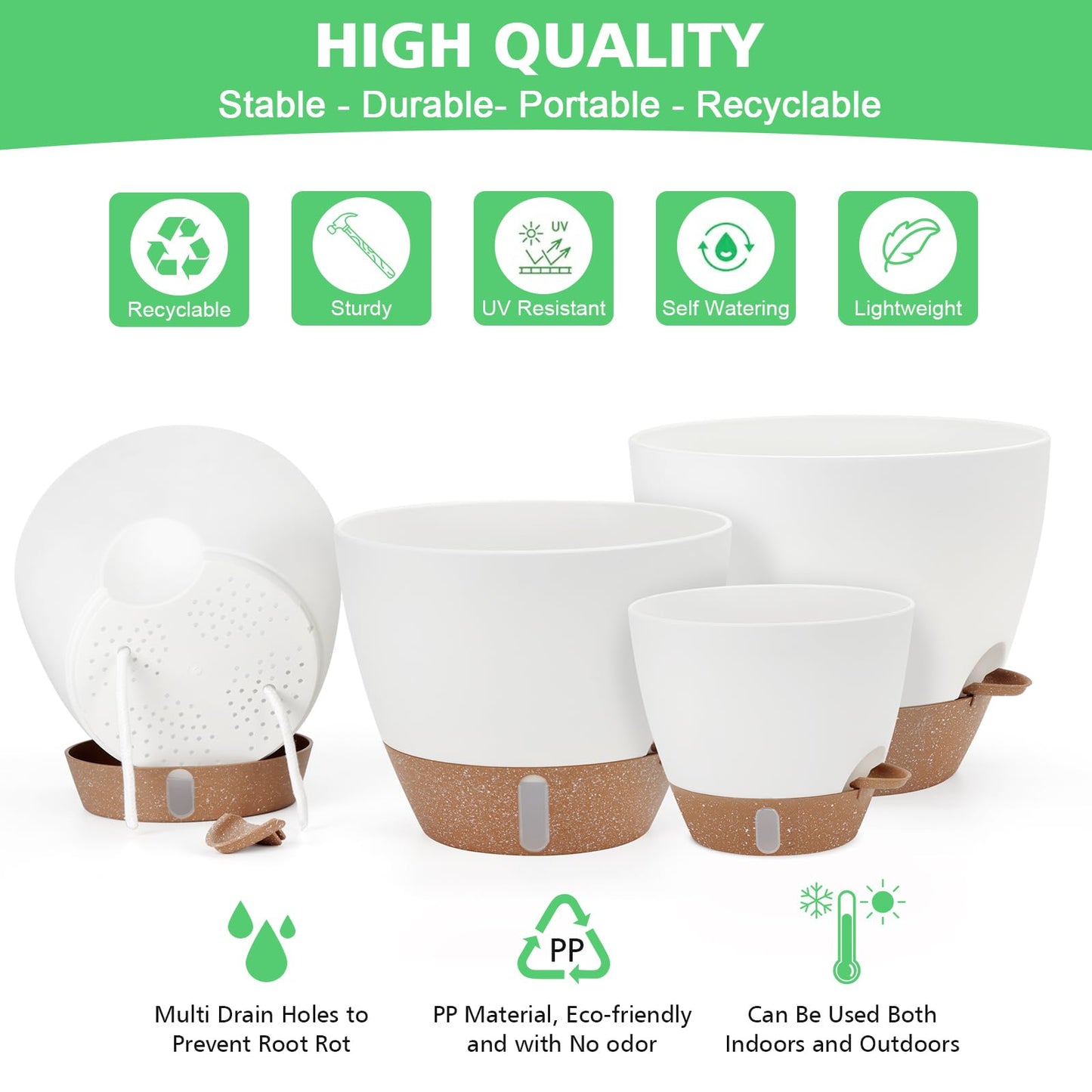12" 10" 9" 8" Self Watering Pots with Water Level Indicator, Large Plastic Planters Set with Mesh Drainage Hole and Removable Saucer Reservoir, Big Flower Pot for Indoor Outdoor Plants - White