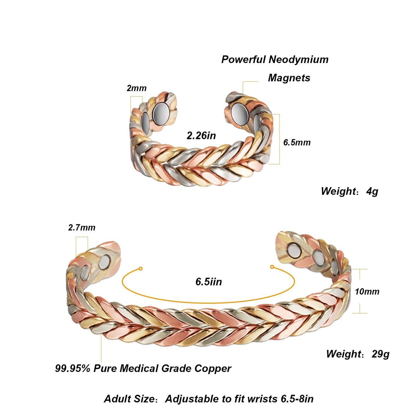 EnerMagiX Copper Bracelet for Women, Pure Copper Suit Adjustable Three-Color Gold Braid Magnetic Bracelet Ring, Fashsion Jewelry Presents（0932 2040）