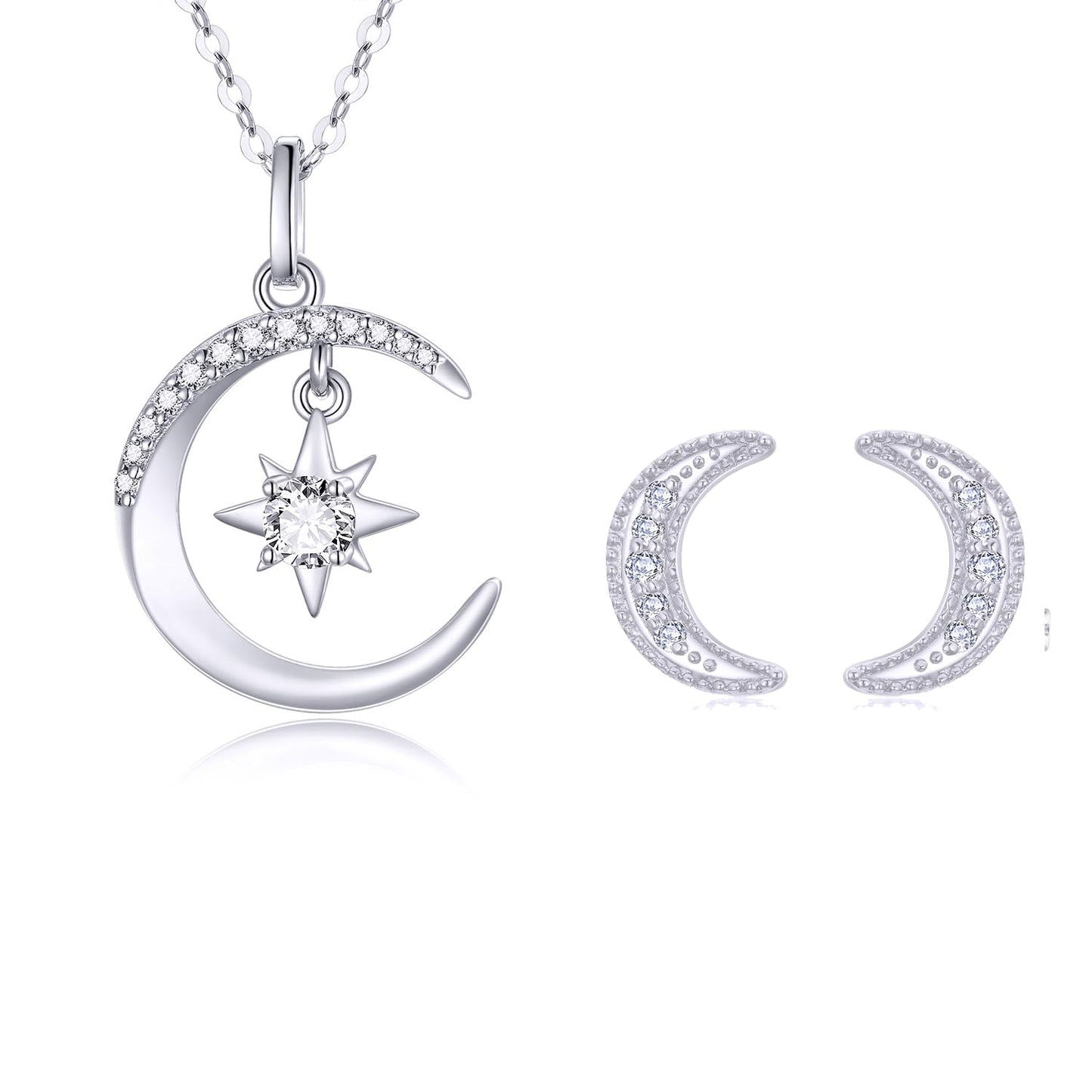 14K White Gold North Star Moon Necklace and Stud Earrings Set for Women