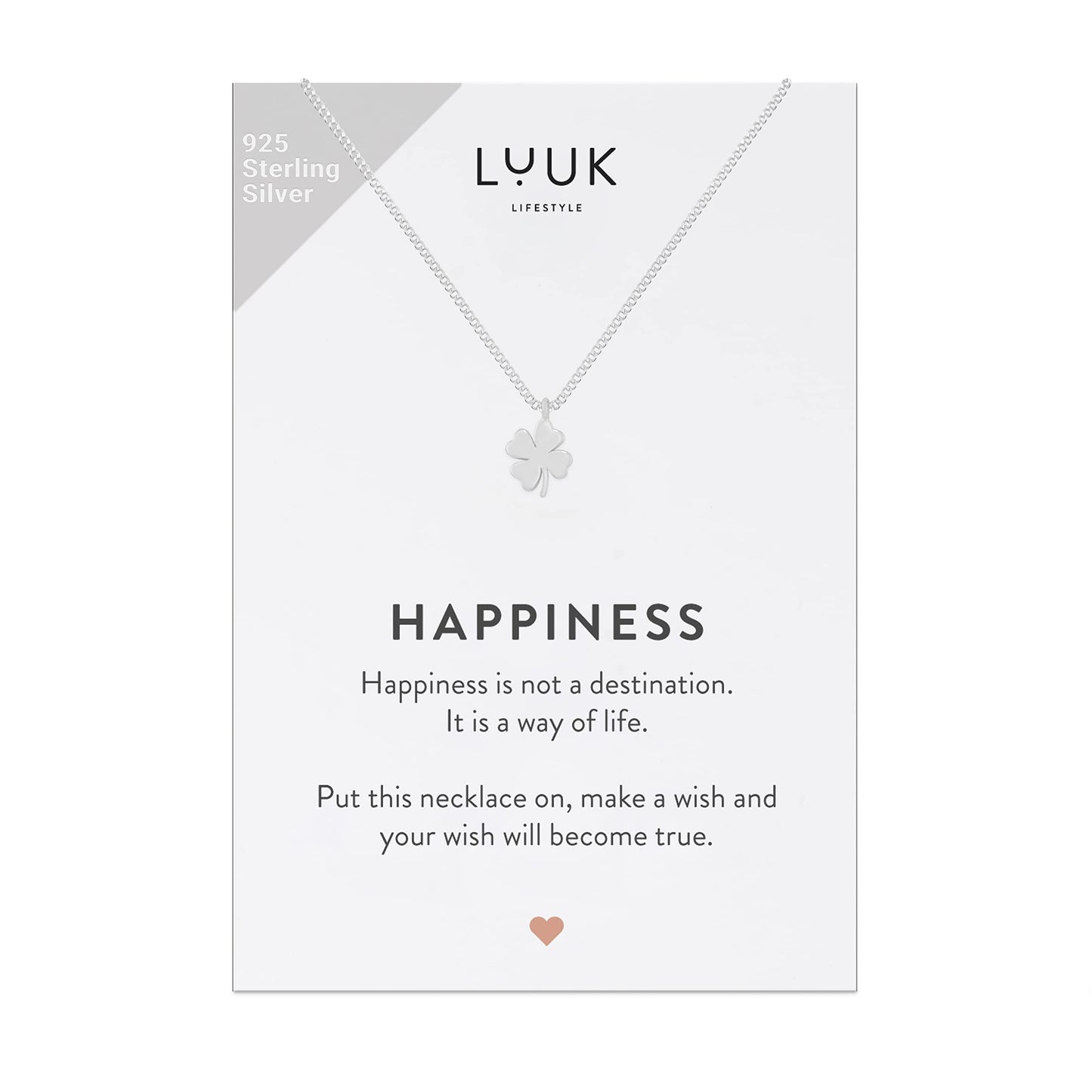 LUUK LIFESTYLE Necklace in 925 sterling silver with clover | shamrock pendant and HAPPINESS gift card, lucky charm for travel and exams, fashion accessories for women, friend and fiancée, silver