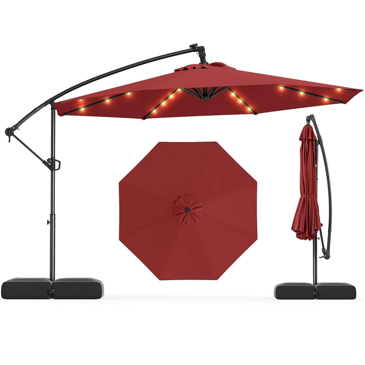 Tangkula 10ft Solar Patio Umbrella with Base Included, Offset Cantilever Outdoor Umbrella with 32 LED Lights, Infinite Tilt, 360 Degree Rotation, Crank Handle for Pool Deck Garden Backyard (Wine)