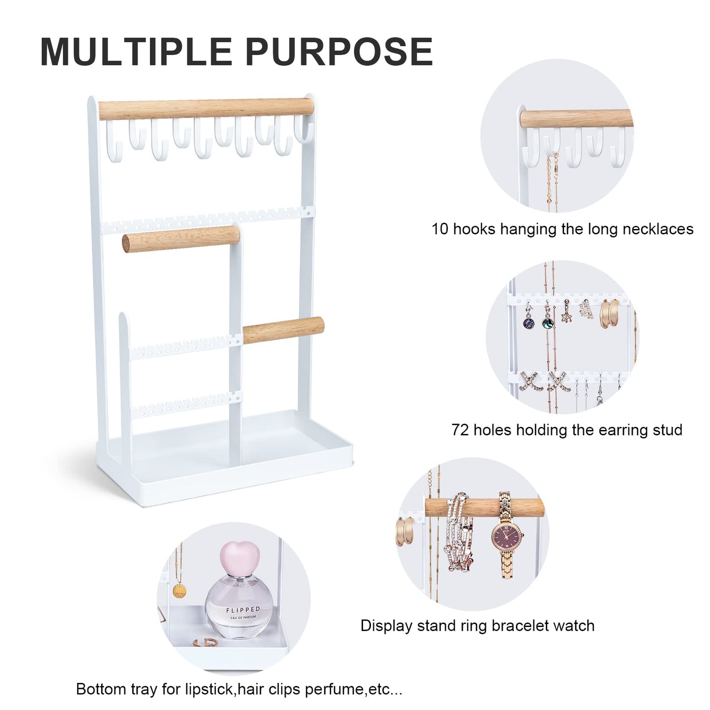 V-LAFUYLIFE Jewelry Organizer Stand Necklace Holder, 6-Tier Jewelry Tree Stand Organizer with Bracelet Holder Ring Tray and 10 Hooks 88 Holes for Earring Holder Jewelry Tower Rack -White