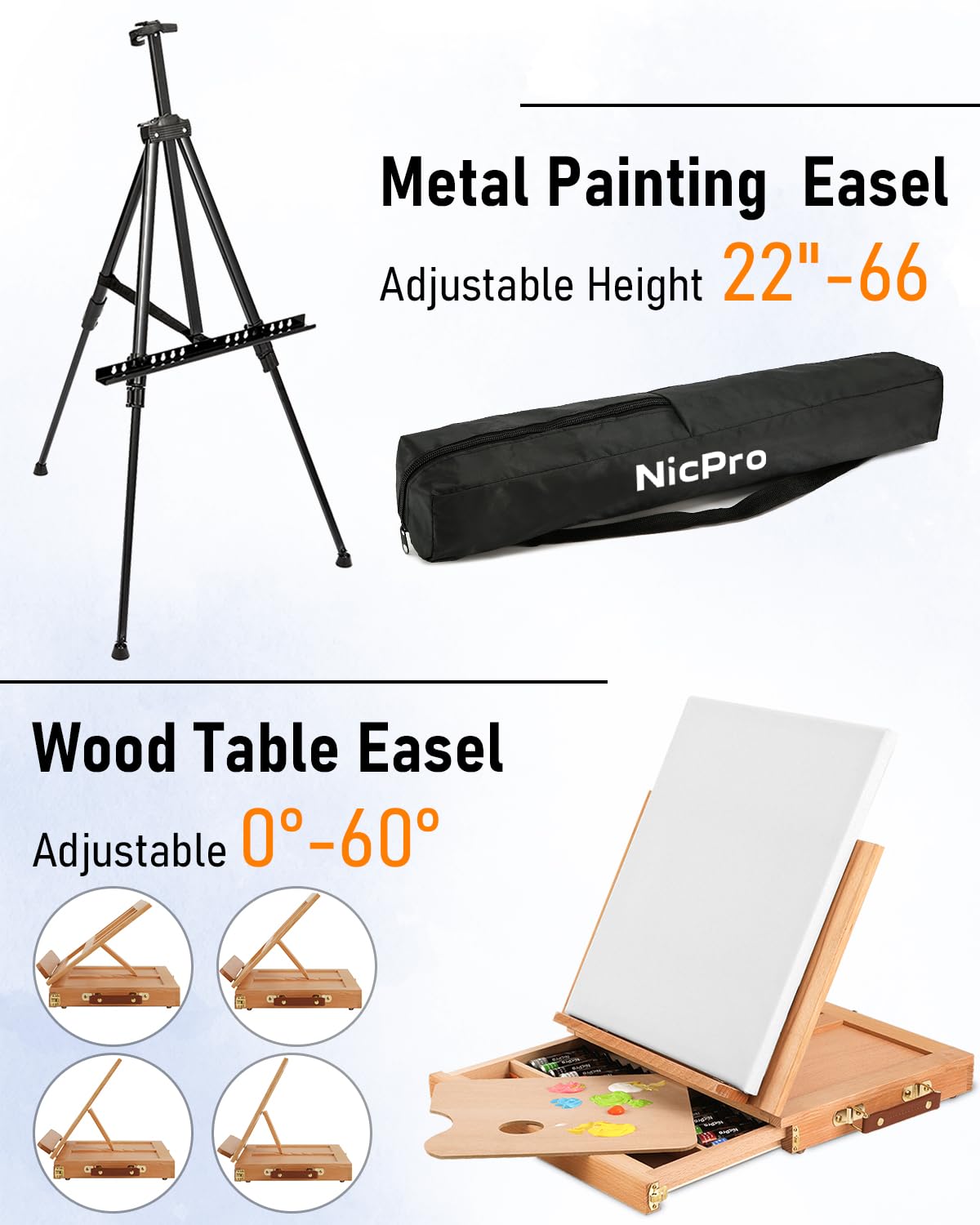 Nicpro 158PCS Deluxe Art Painting Kit with Metal and Solid Beech Wood Easel, Acrylic, Oil & Watercolor Paint Set, Paint Brushes, Canvas, Palette, Paper Pad, Professional Art Set for Adults Artist