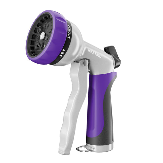RESTMO Garden Hose Nozzle, Heavy Duty Metal Water Hose Nozzle with 7 Adjustable Spray Patterns, High Pressure Hand Sprayer with Flow Control, Best for Watering Plant & Lawn, Washing Car & Pet, Purple
