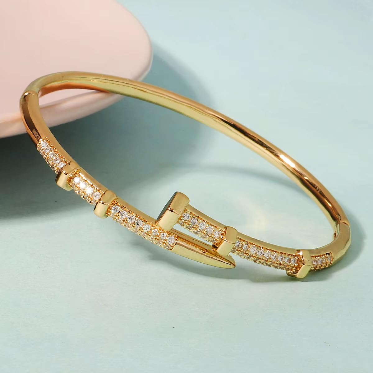 Nail Bangle Bracelet for Women 18K Gold Plated Cubic Zirconia Stones Titanium Steel Bracelet Jewelry Valentines Christmas Gifts (Gold)