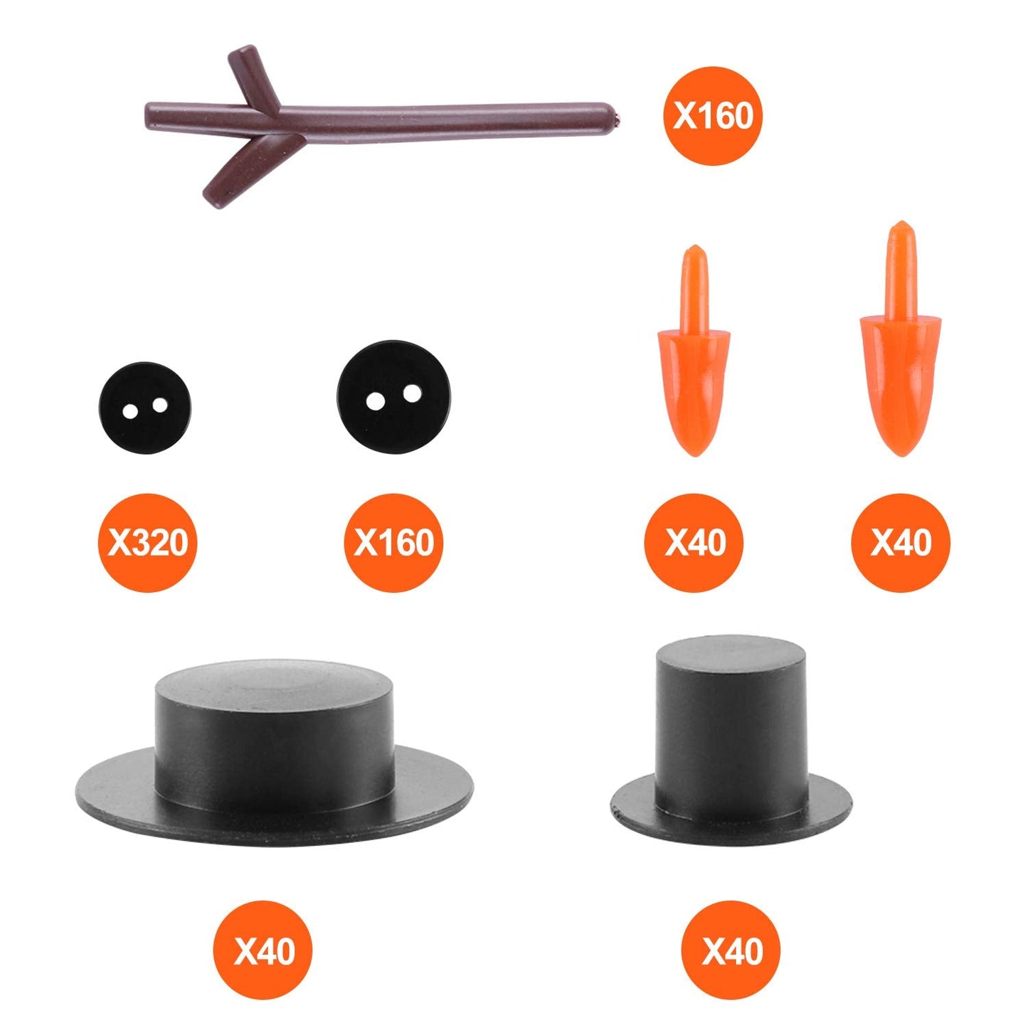 800pcs Christmas Snowman DIY Craft Kit Including 80 Mini Black Top Hats, 80 Carrot Snowman Noses, 160 Snowman Hands, 480 Tiny Black Buttons for Christmas DIY Snowman Crafting, Sewing, Party Supplies