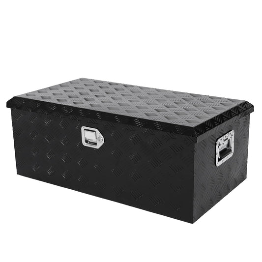 confote 35 Inch Aluminum Stripes Plated Tool Box Pick Up Truck Bed RV Trailer Toolbox Waterproof Square Storage Organizer with Lock and Keys - Black