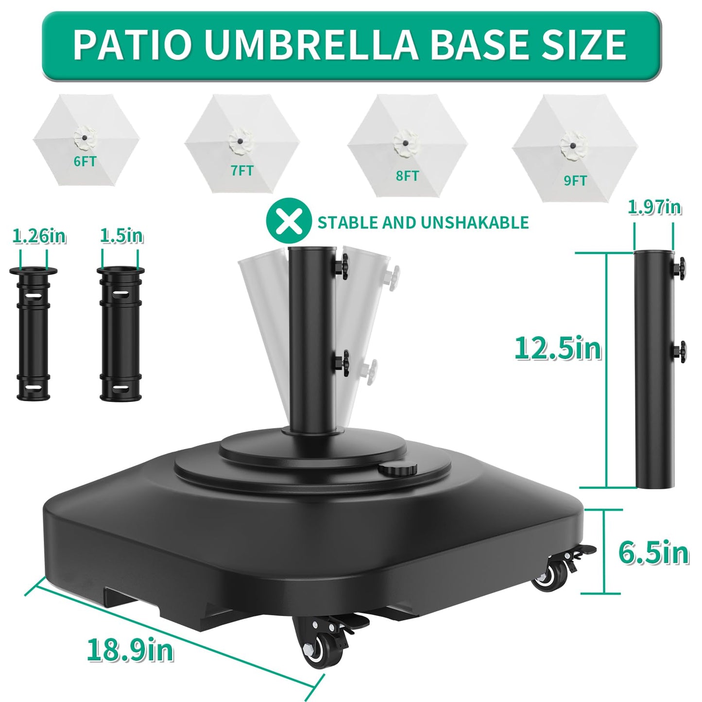 Umbrella Base with Wheels, Umbrella Stand Base Heavy Duty 100lb Windproof, Fillable Umbrella Base Mobile Square Umbrella Stand Outdoor Base for Patio, Deck, Poolside, Lawn, Fits Most Sized Umbrellas