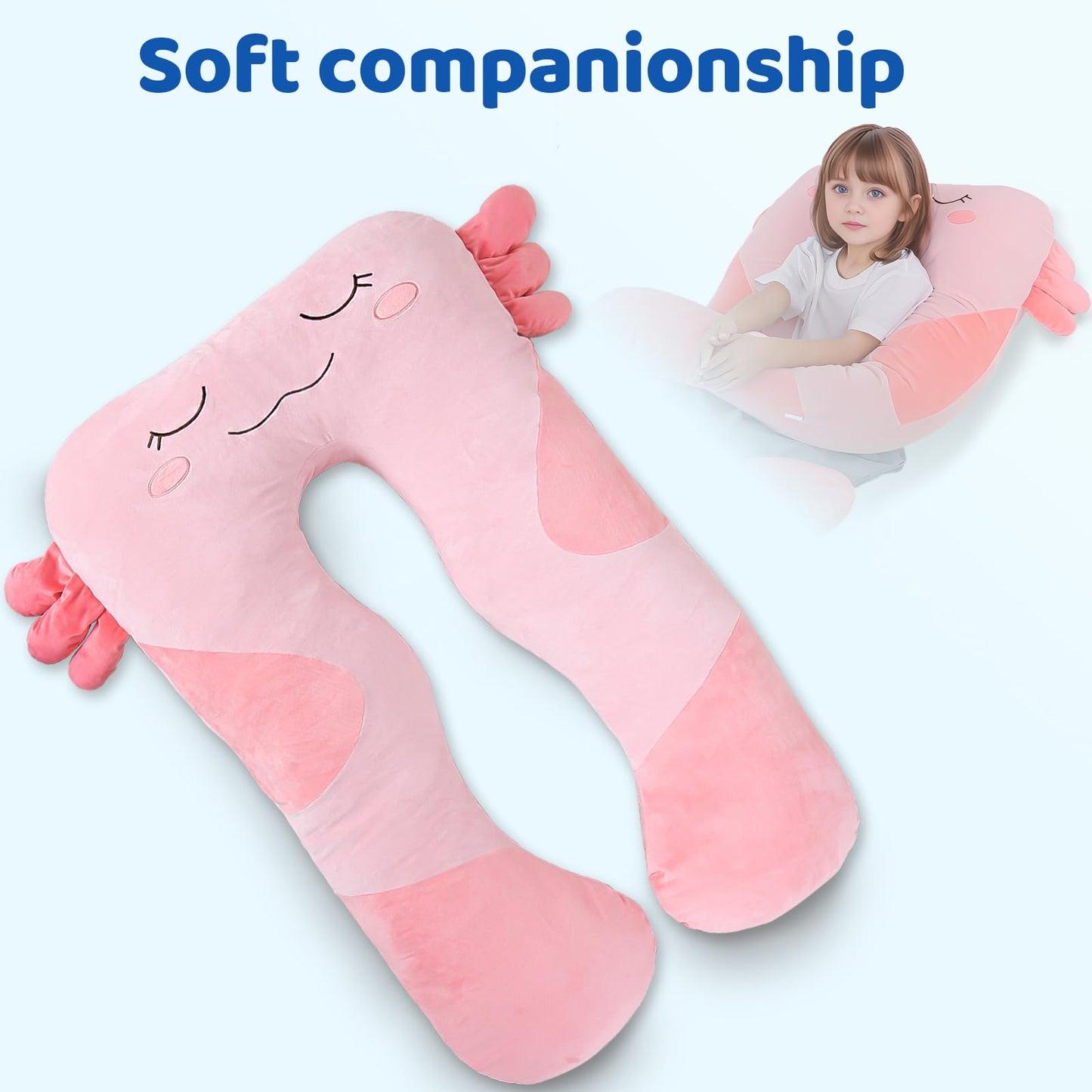 MLdian 47x23 inch U Shaped Long Plush Body Pillows for Kids, Stuffed Animal Axolotl Soft Large Pillow for Sleeping, Big Cute Plushies, Washable Cover, Gift for Boys and Girls