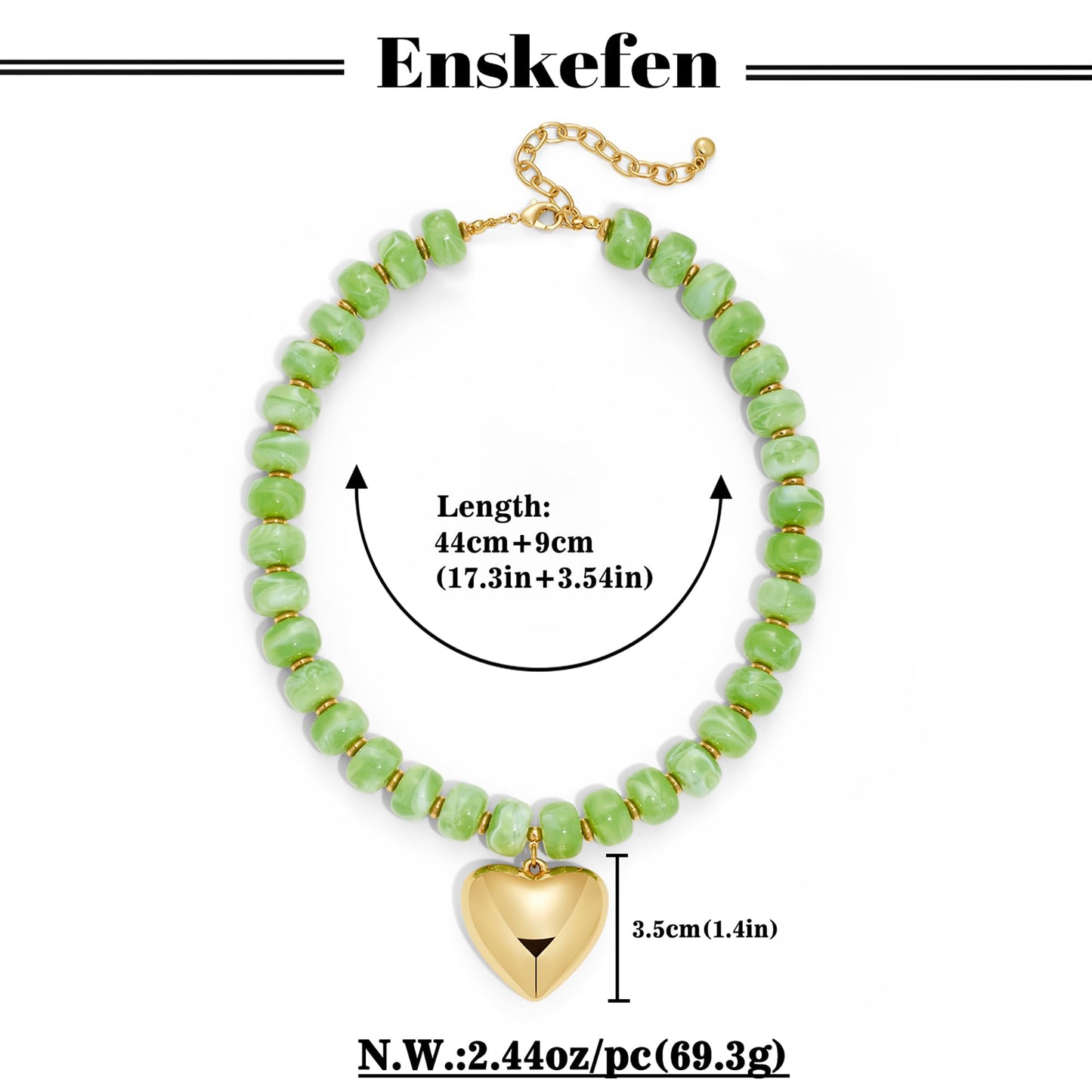 ENSKEFEN Puffy Gold Heart Pendant Necklaces for Women Boho Green Resin Acrylic Beaded Necklace Chunky Bead Choker Necklace Summer Fashion Jewelry