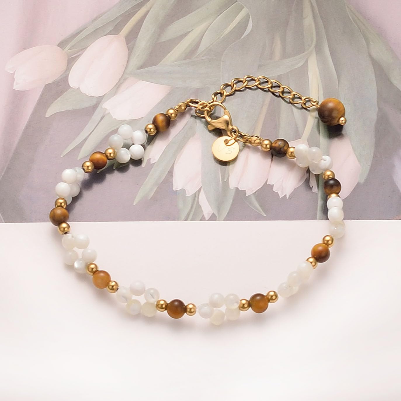 vissen White Pearl Flower Bracelet for Women Beaded Tiger Eye Stone 14K Gold Plated Adjustable Natural Stone Bracelets Dainty Jewelry
