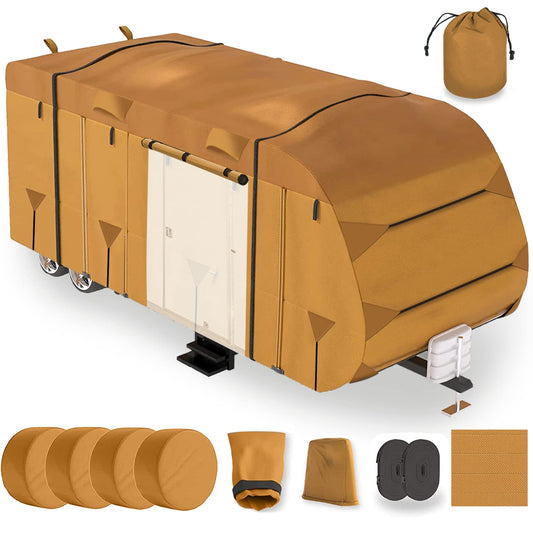 Lanceton 20-22ft Travel Trailer Camper RV Cover Package Premium Heavy-Duty Waterproof Anti-UV Breathable Fabric Including Jack Cover 4 Tire Covers and 2 Secure Straps