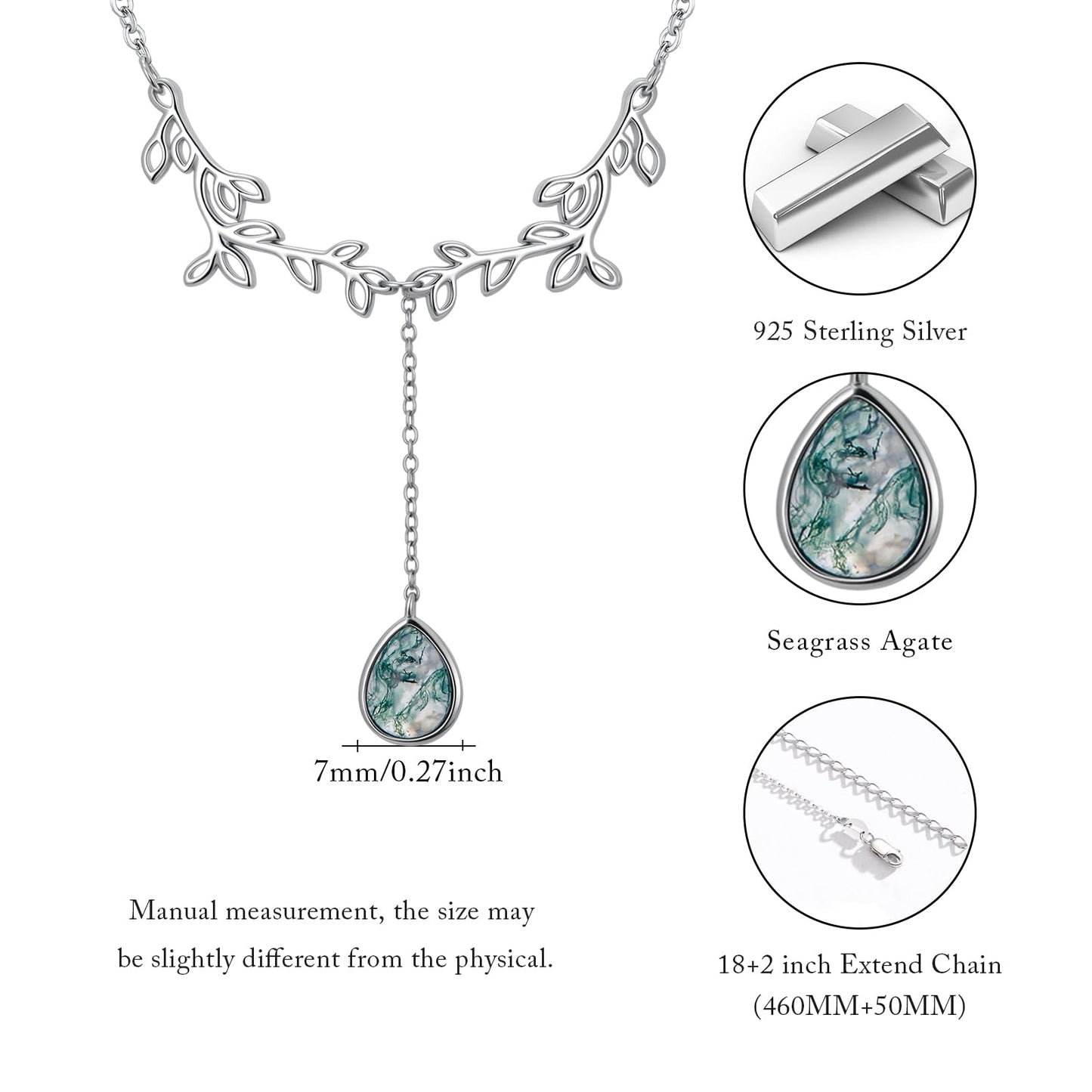 Silikepa Leaf Necklace for Women 925 Sterling Silver Leaf Pendant Necklace Y Chain with Moss Agate Jewelry Gifts for Women