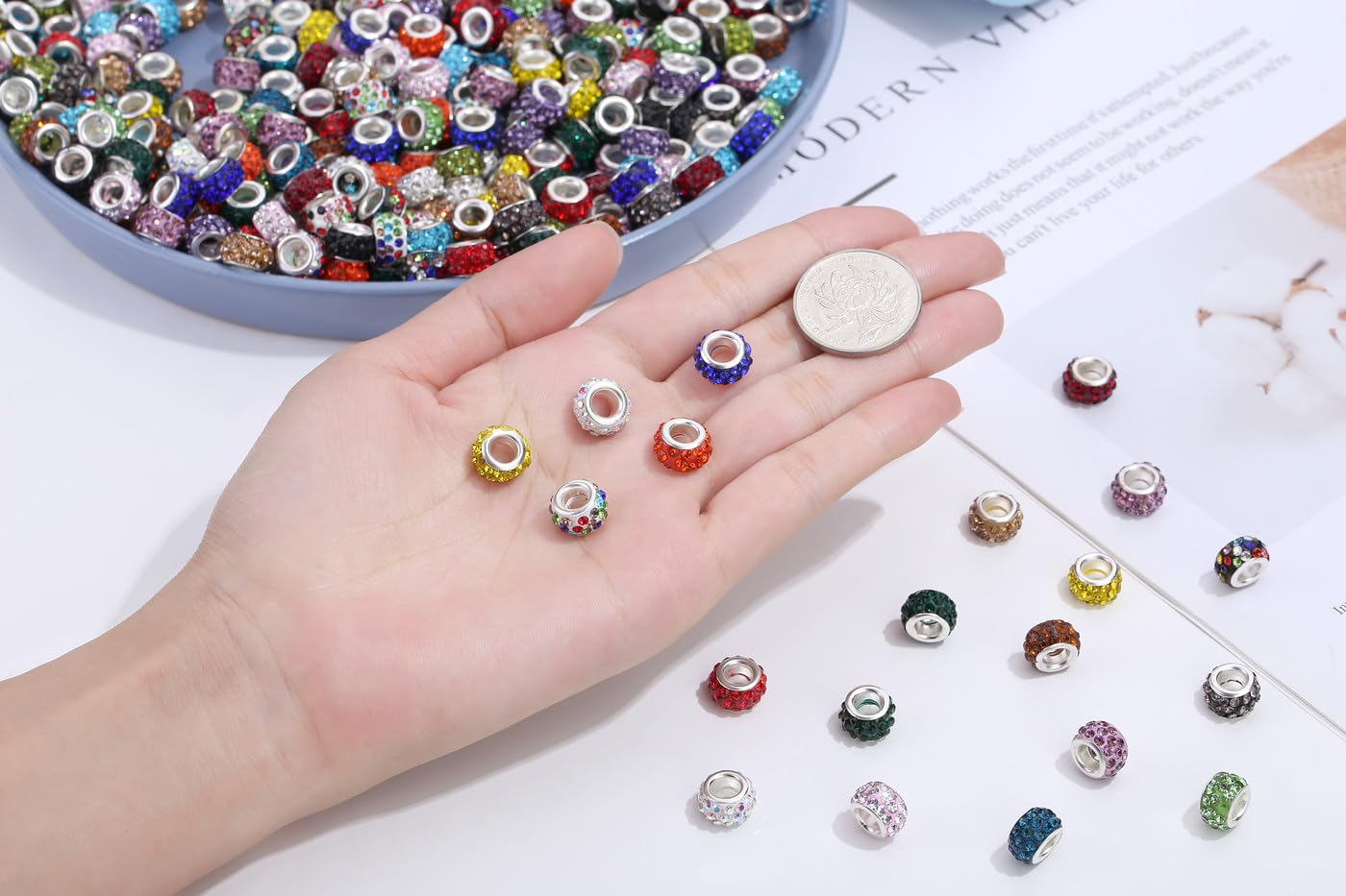 NUKAYAI 120Pcs Large Hole Beads Rhinestone European Beads for Bracelet Jewelry Making 12mm Diamond Snake Chain Supplies DIY Crafts Charm Crystal Rondelle Spacer Bead for Pens(Mixcolors)