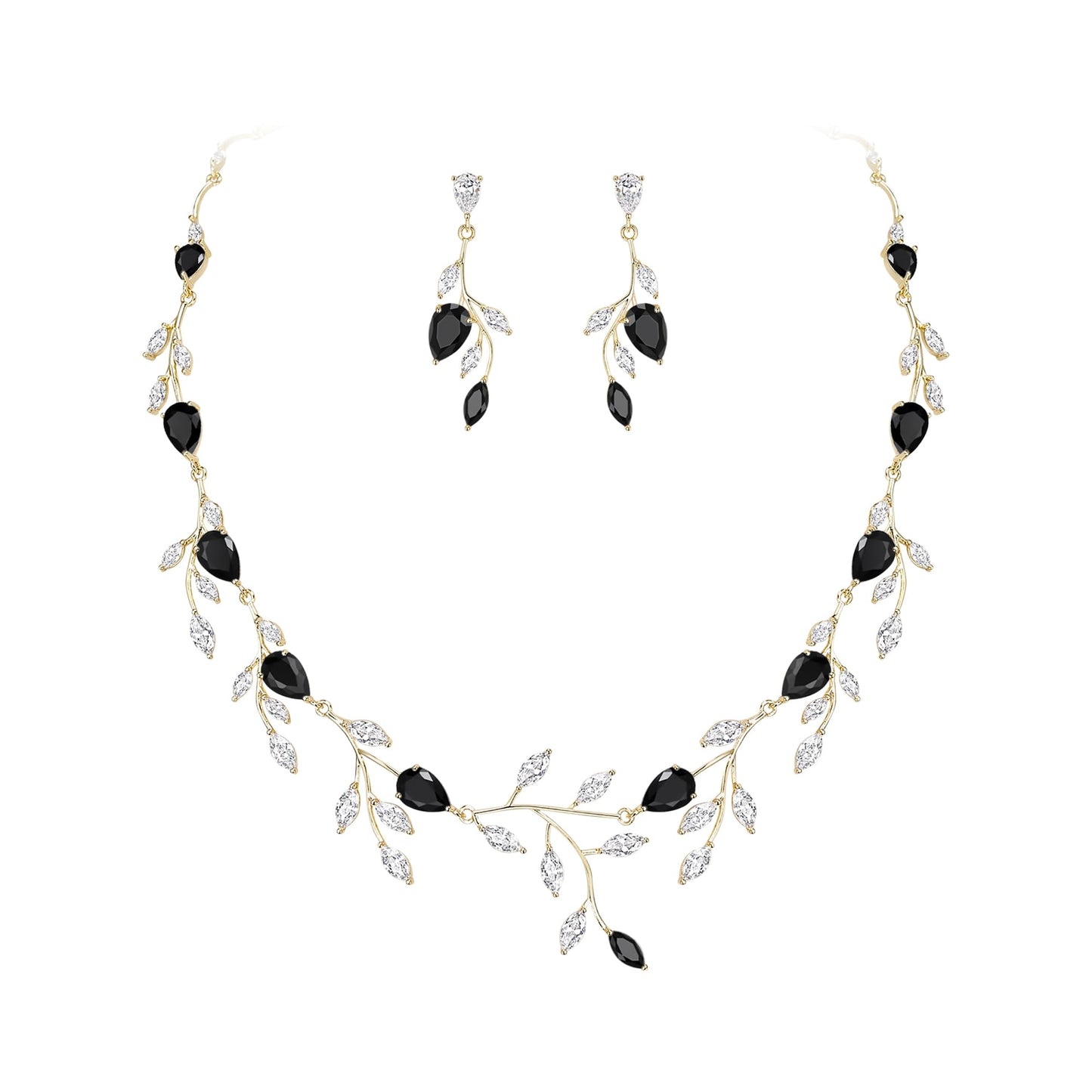 EVER FAITH Wedding Jewelry for Bride Women Bridesmaid, Sparkly Black Cubic Zirconia Pear-Shaped Birthstone Leaf Necklace Earrings Set for Prom Gold-Plated-Brass