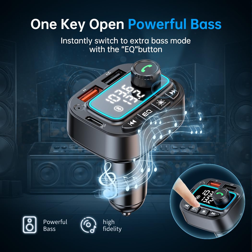 Bluetooth 5.3 Car Adapter FM Transmitter, 42W (PD30W & 12W) USB C Car Charger Wireless Radio Receiver, Hands-Free Calling MP3 Audio Player Cars Kit, Light Switch & Fast Charging & Deep Bass (Black)