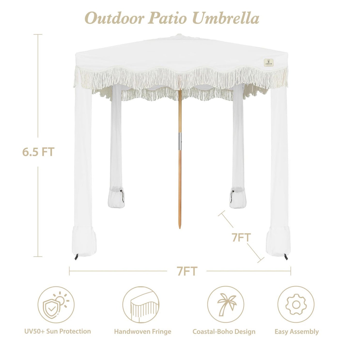 AMMSUN Beach Cabana with Fringe, 7' x 7' Boho Beach Canopy with Tassels, Easy Set up & Premium Wood Pole, Cabana Tent with Sand Pockets, Instant Sun Shade for Sand, Garden, Patio, Elegant White