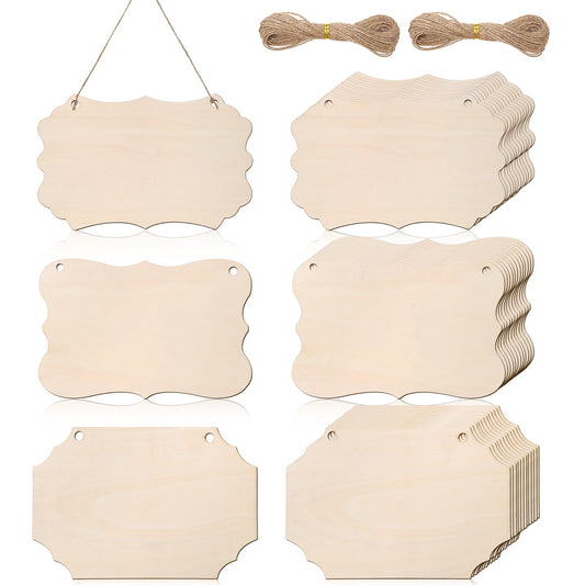 39 Pieces Unfinished Hanging Wood Sign Blanks with Ropes - 3 Style Rustic Wooden Plaques for DIY Farmhouse Door Signs, Wall Art & Holiday Decor