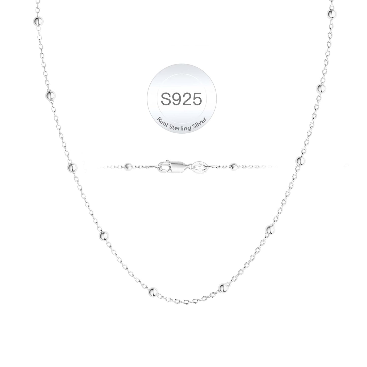 MBW 925 Sterling Silver Necklace for Women, Sterling Silver Beaded Chain Dainty Thin Choker Necklaces for Women Trendy Minimalist White Link Chains Necklace Waterproof Simple Small Cute Jewelry