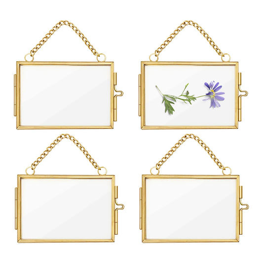 4Pcs Double Glass Frame for Pressed Flowers, 2x3 inch Picture Frame Mini Brass Wall Hanging Photo Floating Frame with Chain for Plant Specimen Artwork Display Home Wall Decor (Gold, Horizontal)