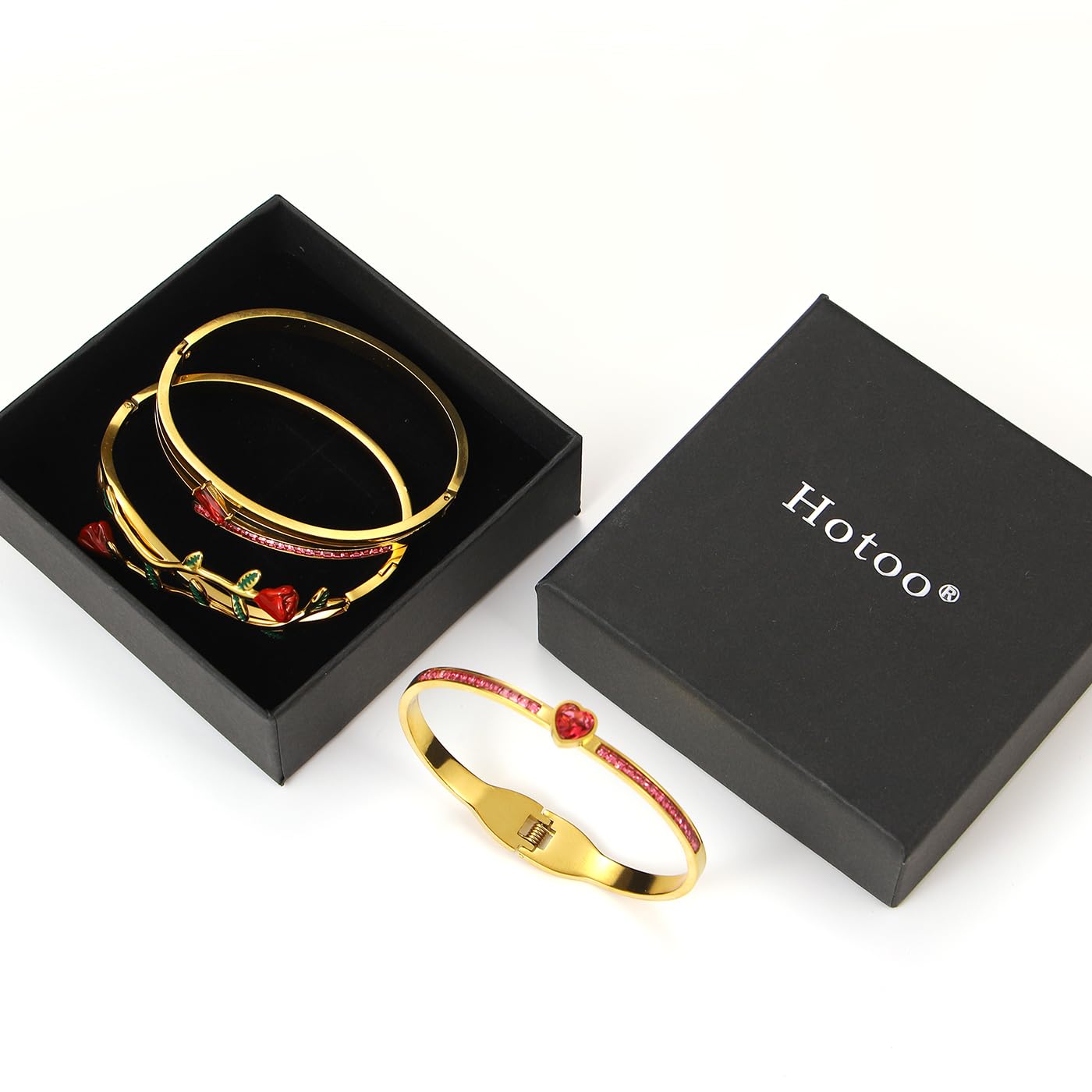 hotoo Rose Floral Stackable Bangle Sets For Women - 18K Gold Plated Stainless Steel Bangle Bracelets Sets Red Heart Gold Bangle Set For Christmas Mother's Day Trendy Jewelry Gifts