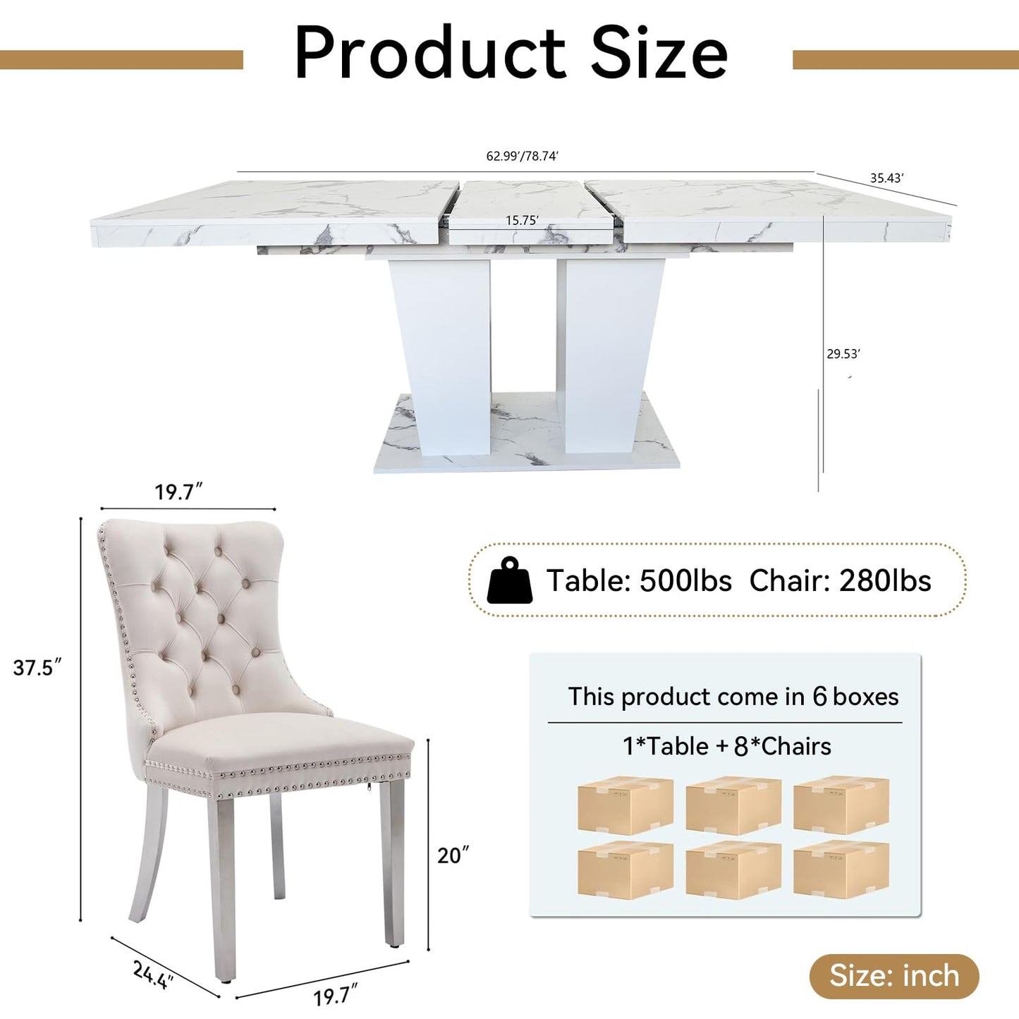 MELAABUU 9 Pieces White Extendable Dining Table Set, 63"-78.74" Expanding Modern Kitchen and Dining Room Table Set for 8, Rectangle Faux Marble Extendable Dining Table& Beige Velvet Upholstered Chairs