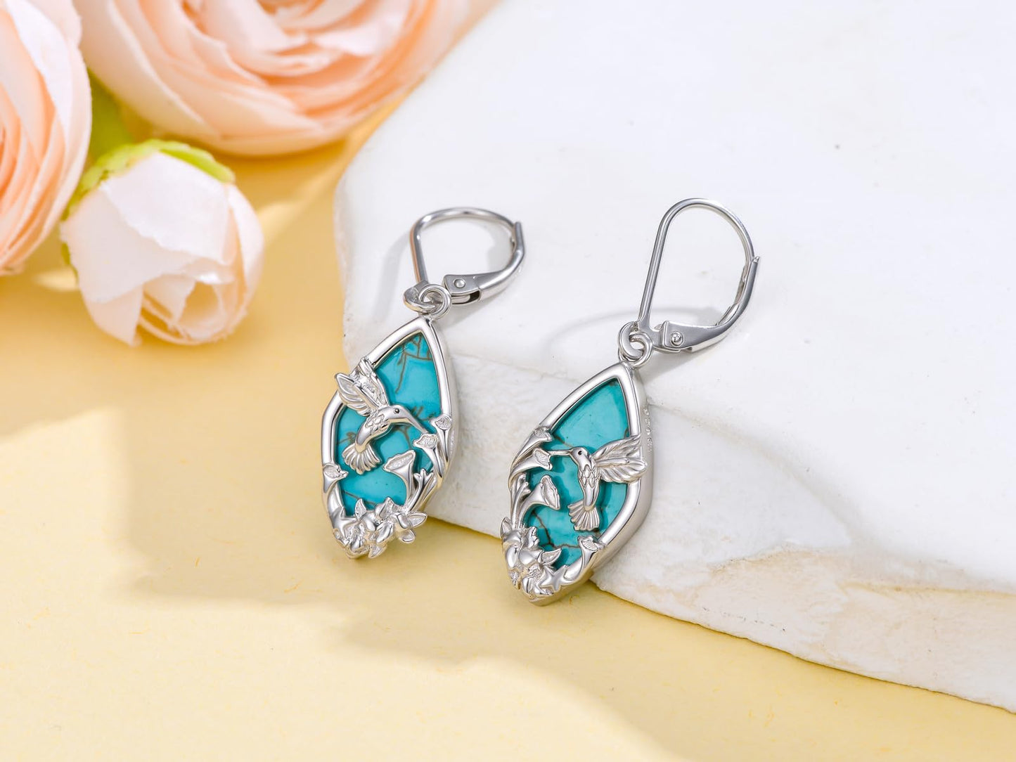 Eetaitai Hummingbird Earrings 925 Sterling Silver Natural Turquoise Jewelry Dangle Drop Earrings Western Boho Bird Flower Hummingbird Mothers Day Gifts for Mom Wife Sister