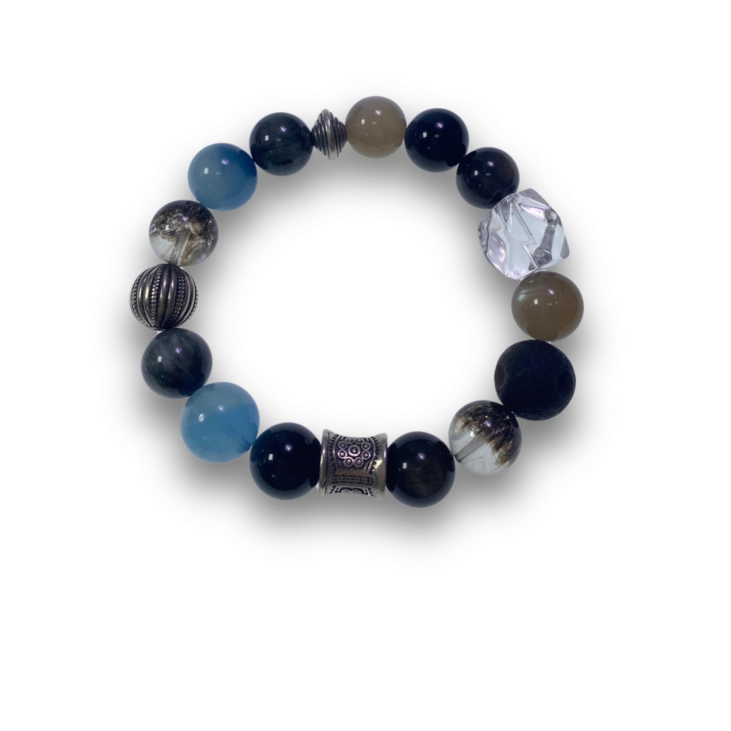 ANNYUEBB Crystal and Obsidian Energy Bracelet, Natural White, Silver, Healing Stone Jewelry | Elegant Good Luck Charm Bracelet, Chakra Balancing Gift (17cm （6.7‘’）)