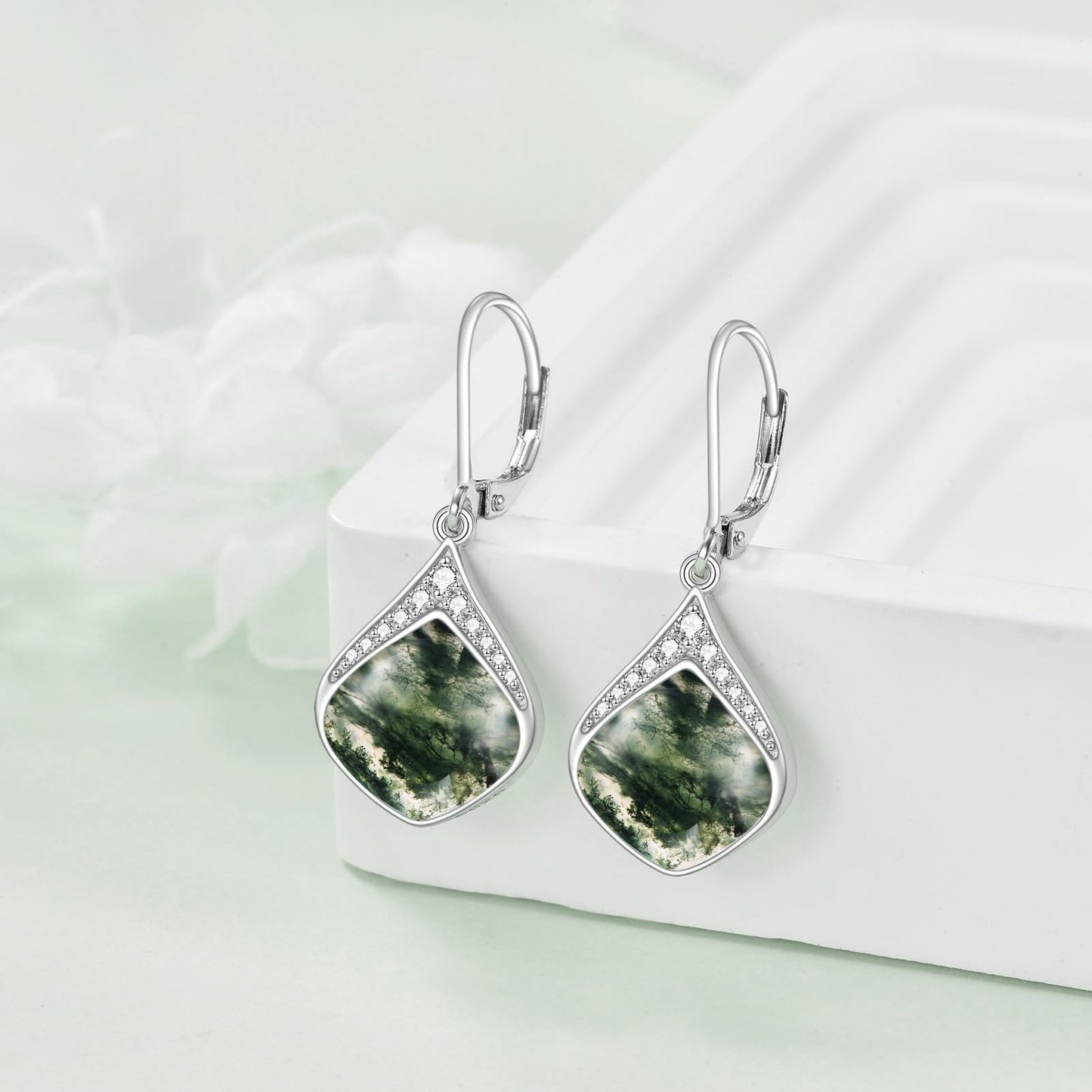 Moss Agate Teardrop Earrings for Women Sterling Silver Cubic Zirconia Teardrop Drop cubic Zirconia Dangle Earrings Jewelry Christmas Gifts for Women