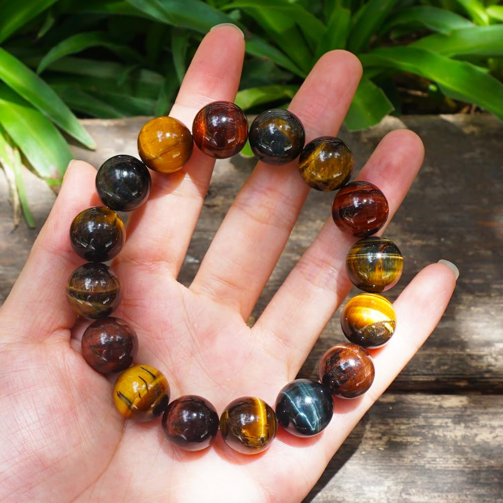 TaHLga Mixed Tigers Eye Mens Bracelet 14MM | Mixed Red Gold Blue | Fits for About 8" XLarge Wrist | Natural Solar Plexus Chakra Gemstones | Bring Luck Wealth Courage | Protection from Evil | Gift