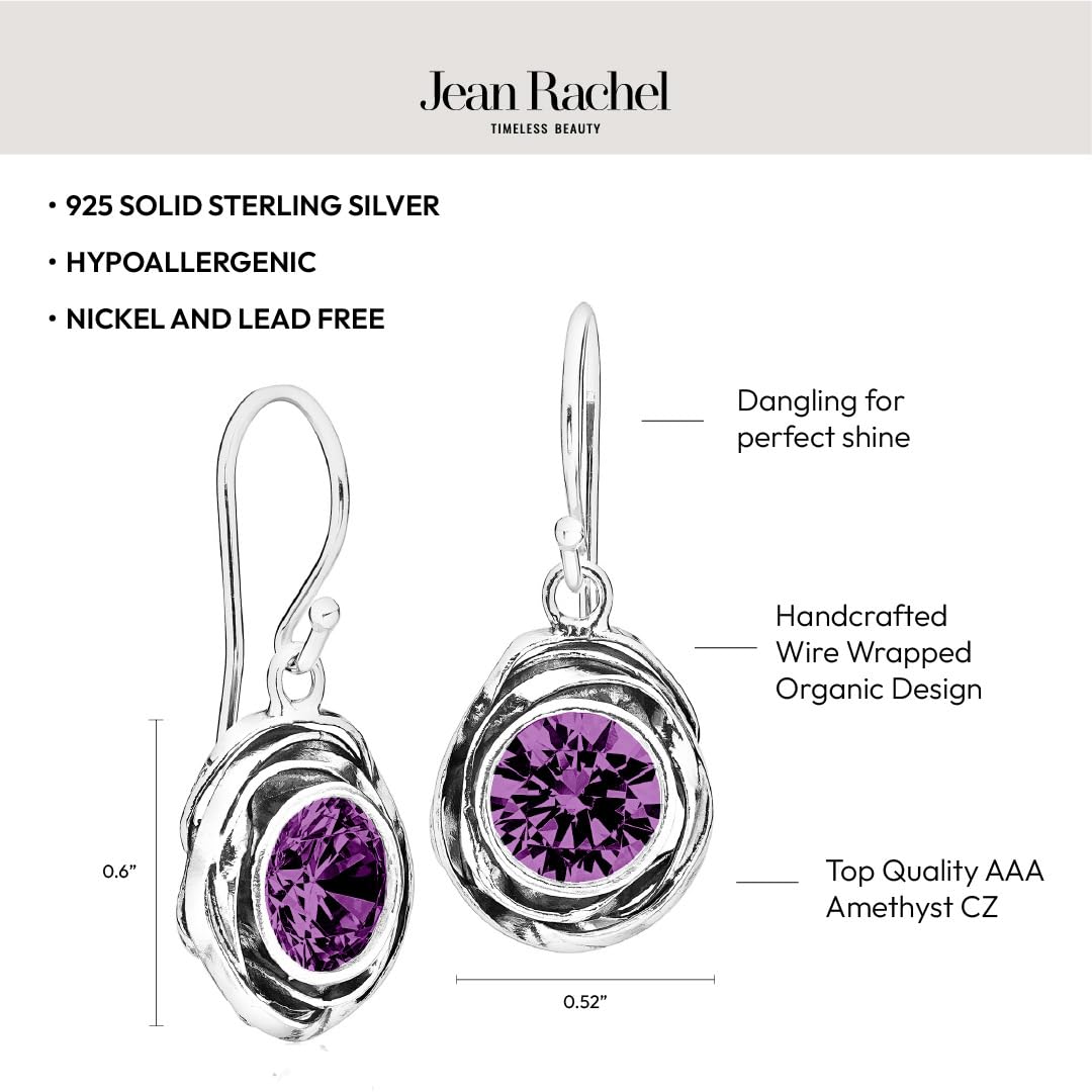 JEAN RACHEL JEWELRY 925 Sterling Silver Dangle Earrings for Women -Wire Wrap with Bezel Set Cubic Zirconia Vintage Design-Hypoallergenic Lead&Nickel Free Artisan Handcrafted Statement Earrings, Amethyst