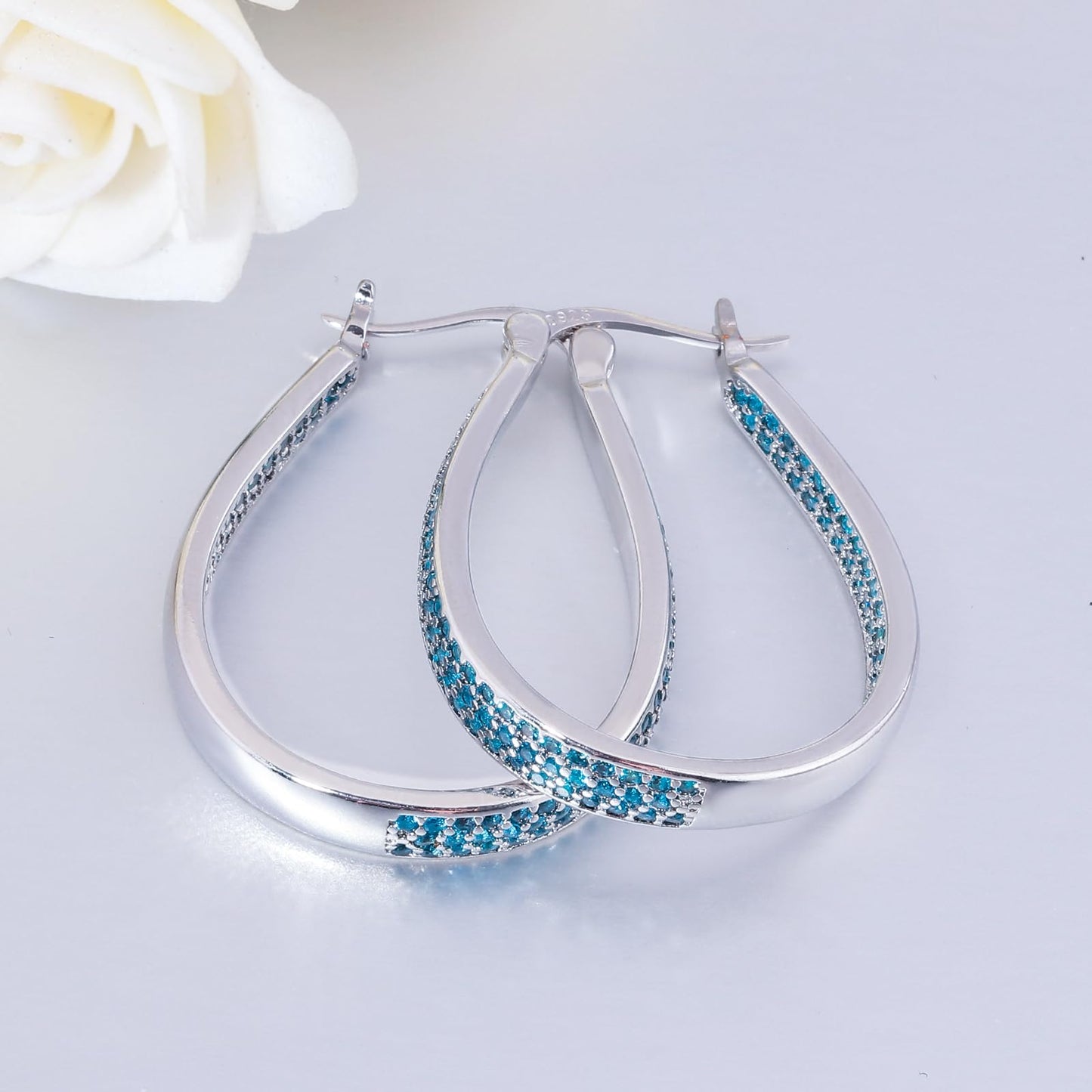 CiNily 925 Sterling Silver Post Hoop Earrings for Women Aquamarine Cubic Zirconia Hoop Earrings 14K White Gold Plated Oval Hoops Chunky Gemstone Earrings Jewelry