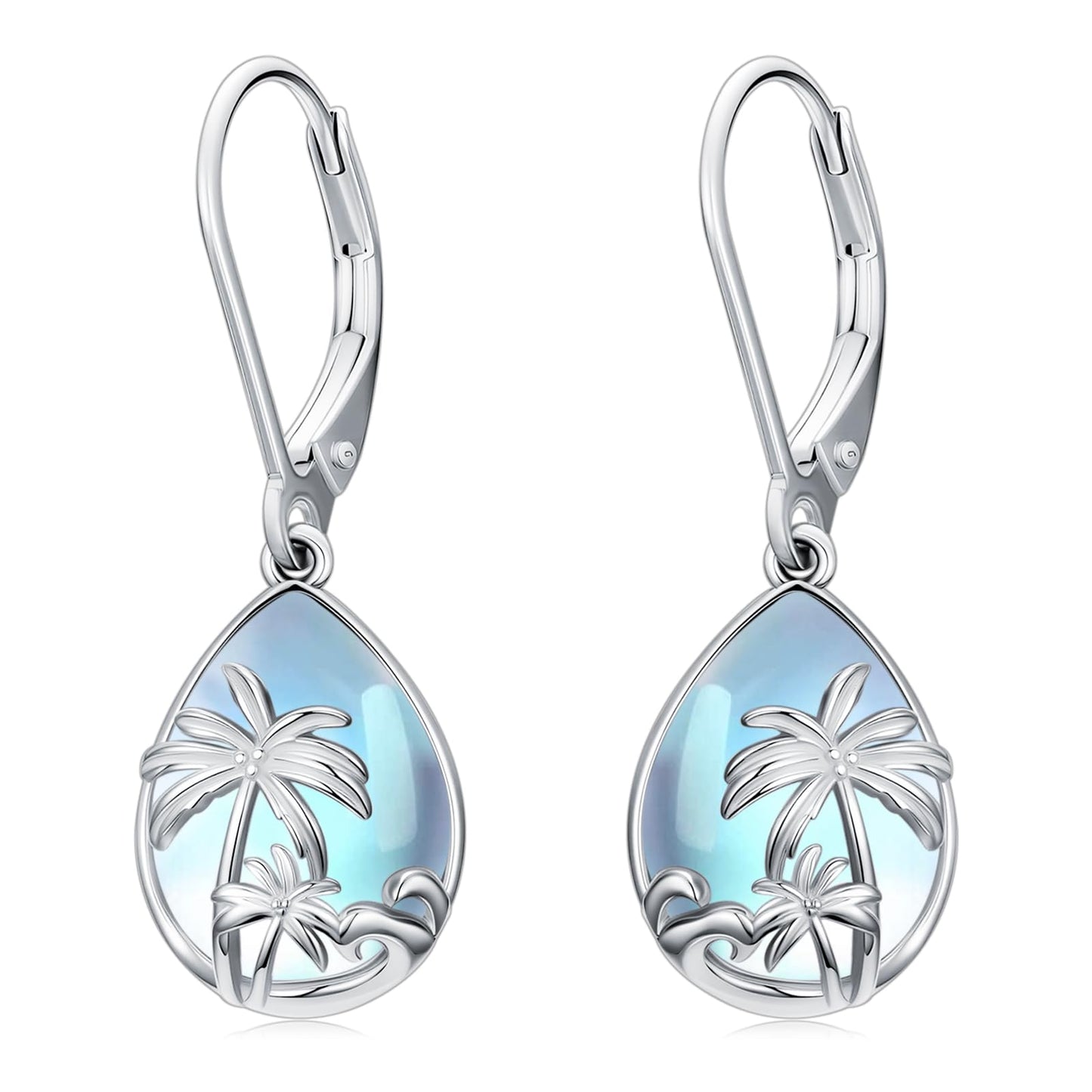 KoyeKei Palm Tree Earrings for Women 925 Sterling Silver Palm Tree Moonstone Dangle Drop Leverback Earrings Hawaiian Beach Jewelry Graduation Birthday Gifts for Lover Her Girlfriend