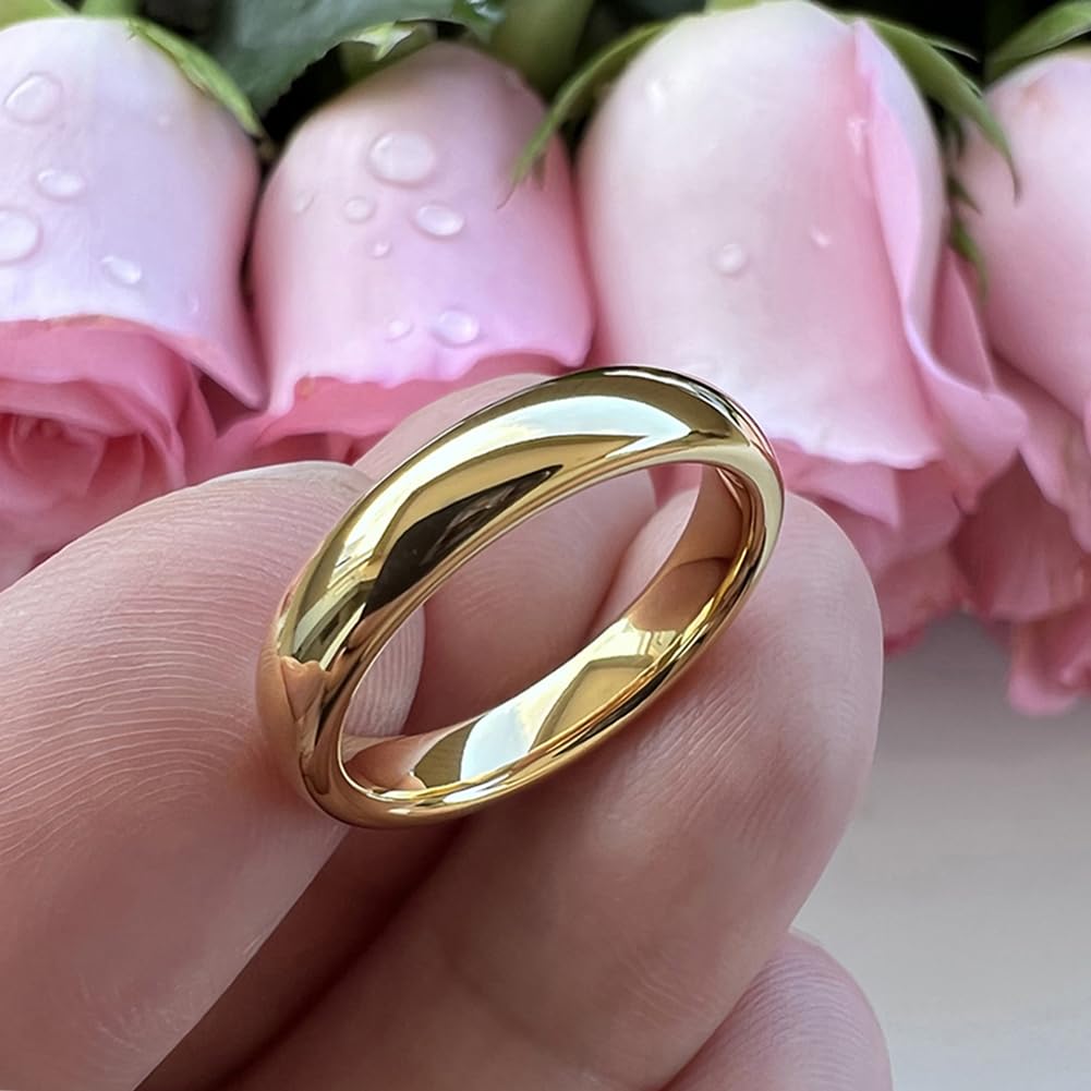 TUTISS 4mm Gold Tungsten Rings for Women Men Engagement Wedding Bands Domed Polished Comfort Fit Size 10